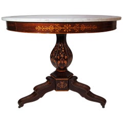 Antique 19th Century Charles X French Inlaid Carrara Marble Top Round Table