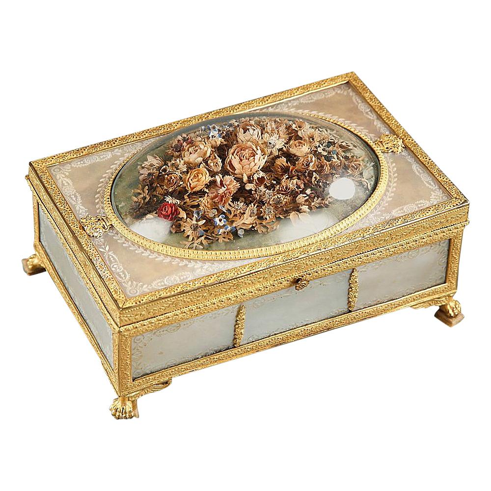 19th Century Charles X Gilt Bronze and Mother of Pearl Box with Flowers