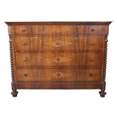 19th Century Charles X Inlaid Walnut Commode or Chest of Drawer with Marble Top