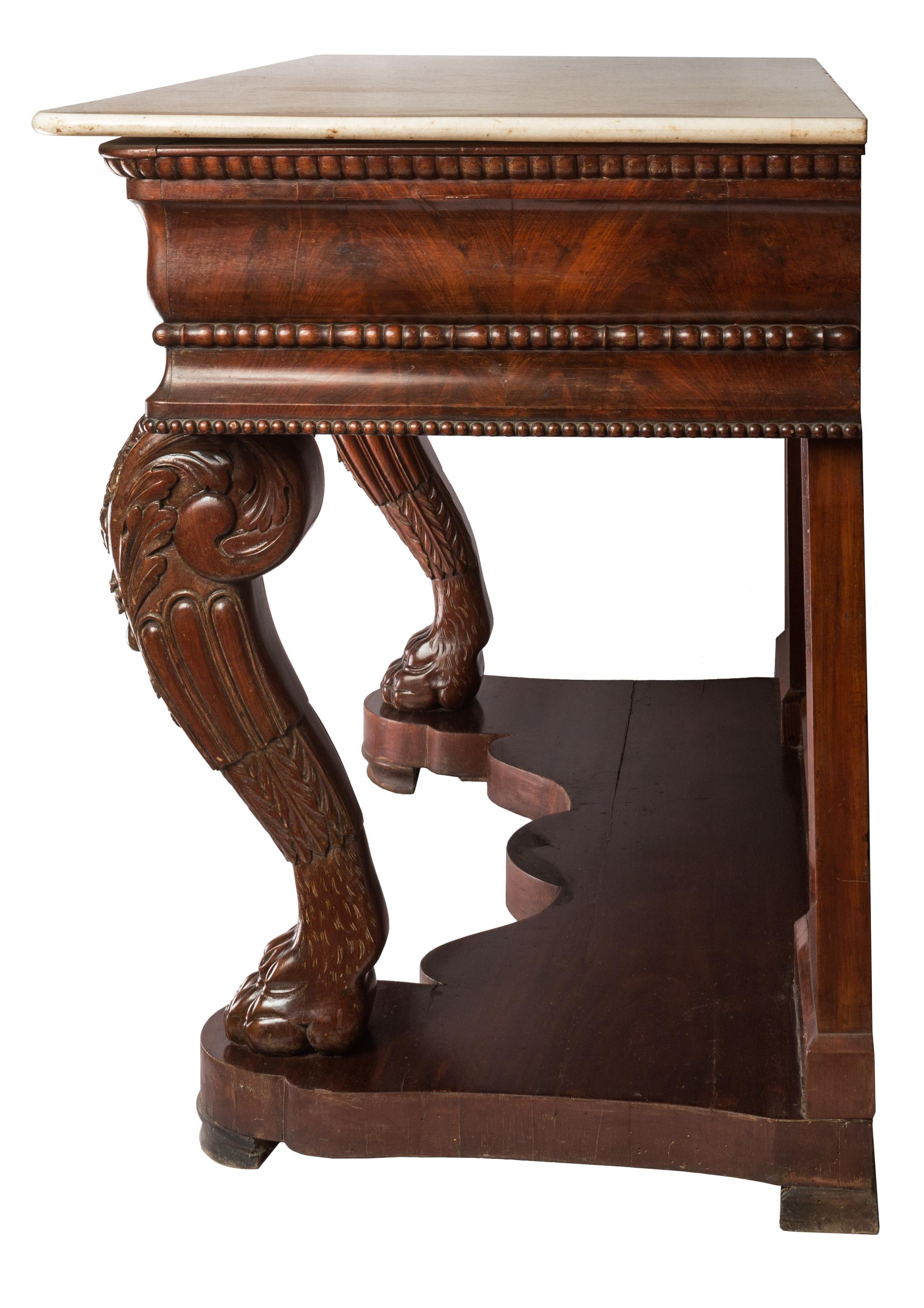 French 19th Century Charles X Style Console Table, Marble Top, Carved Details For Sale