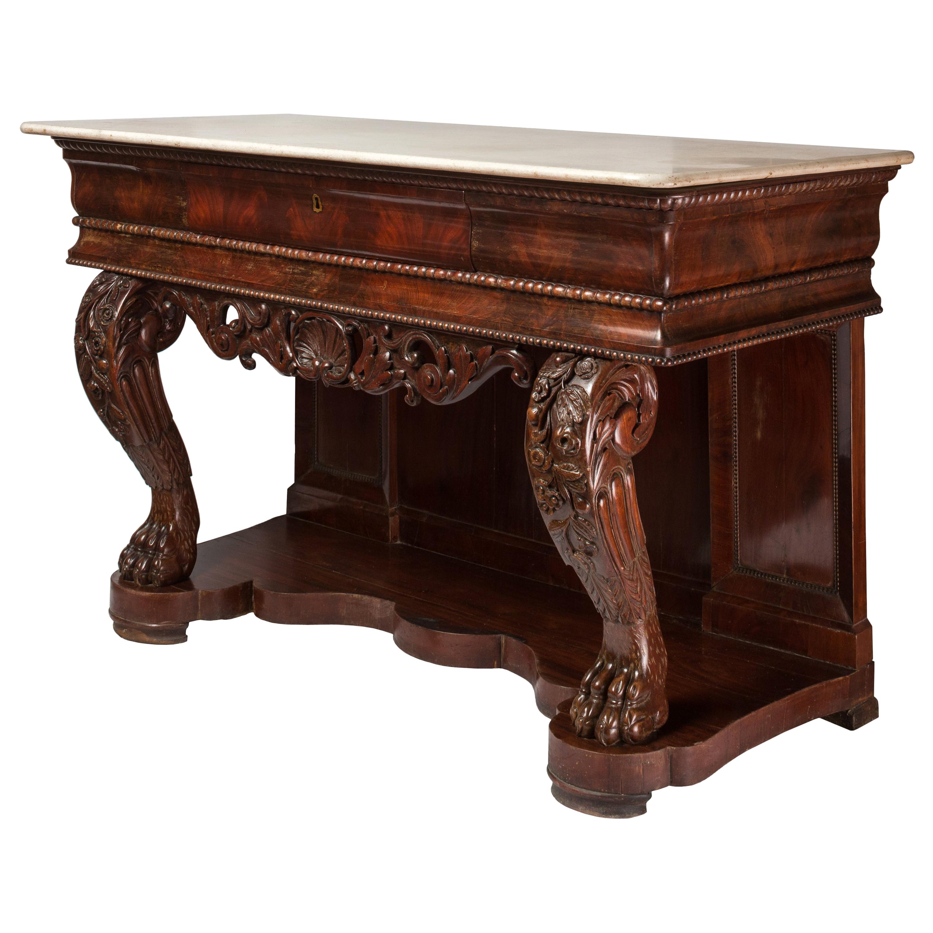 19th Century Charles X Style Console Table, Marble Top, Carved Details For Sale