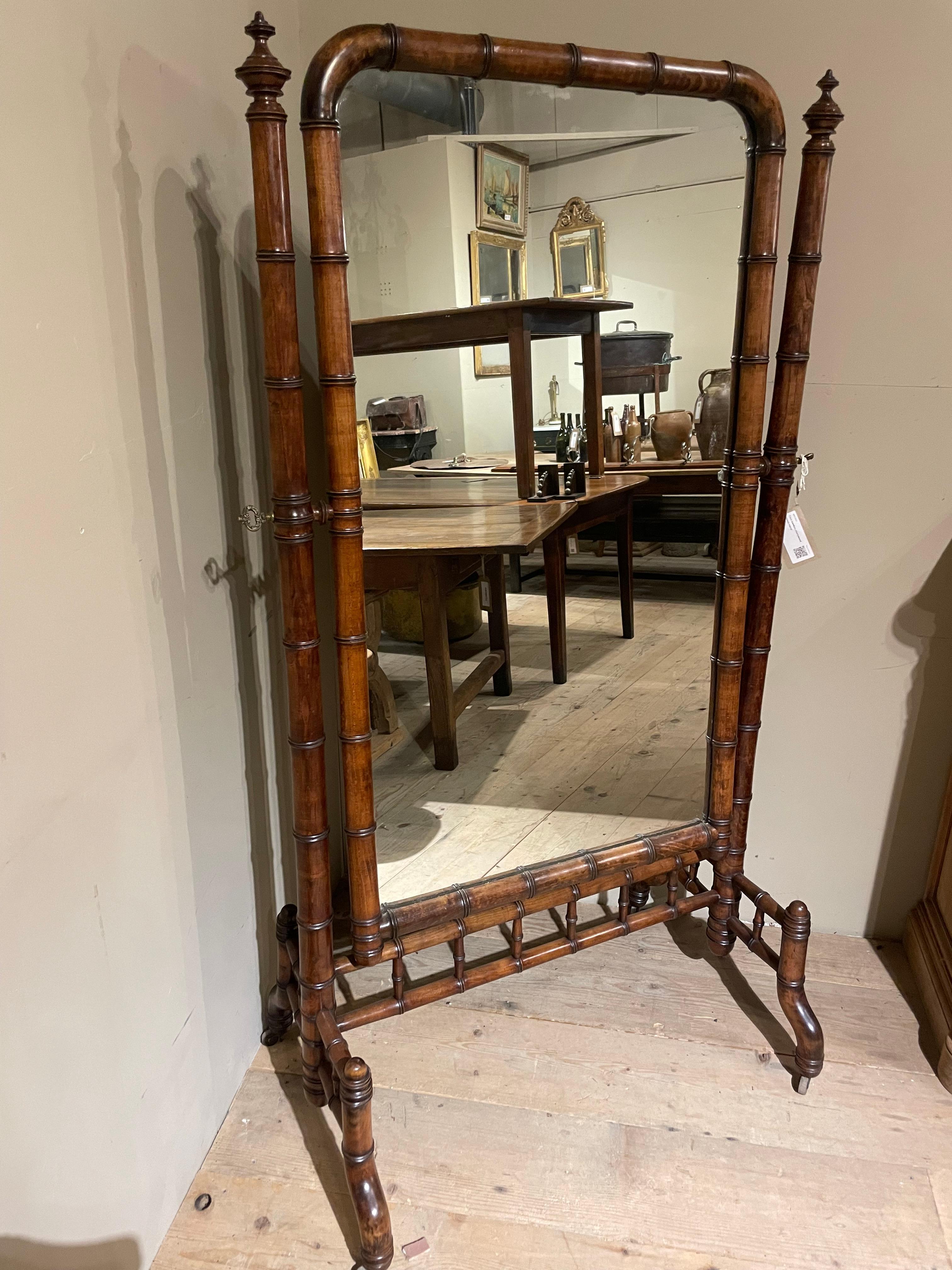 French 19th century cherrywood Faux Bamboo cheval mirror