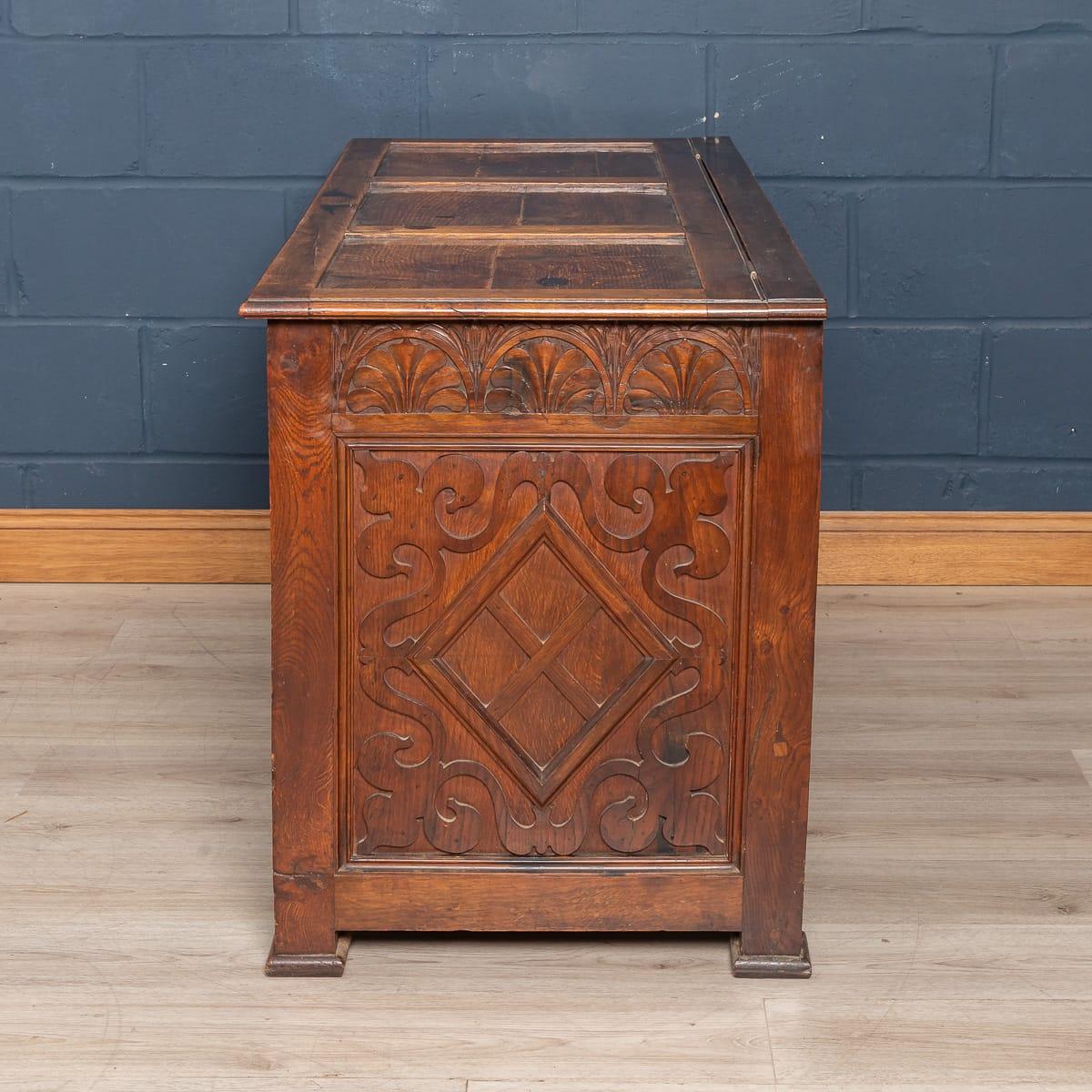 Antique 19th century large chest made from the oak salvaged from the Foudroyant, Lord Nelson’s flagship. The sides carved with lozenges and fleur-de-lis and lunette border to top, inscribed along bottom of the front panel 1798 Foudroyant 1898,