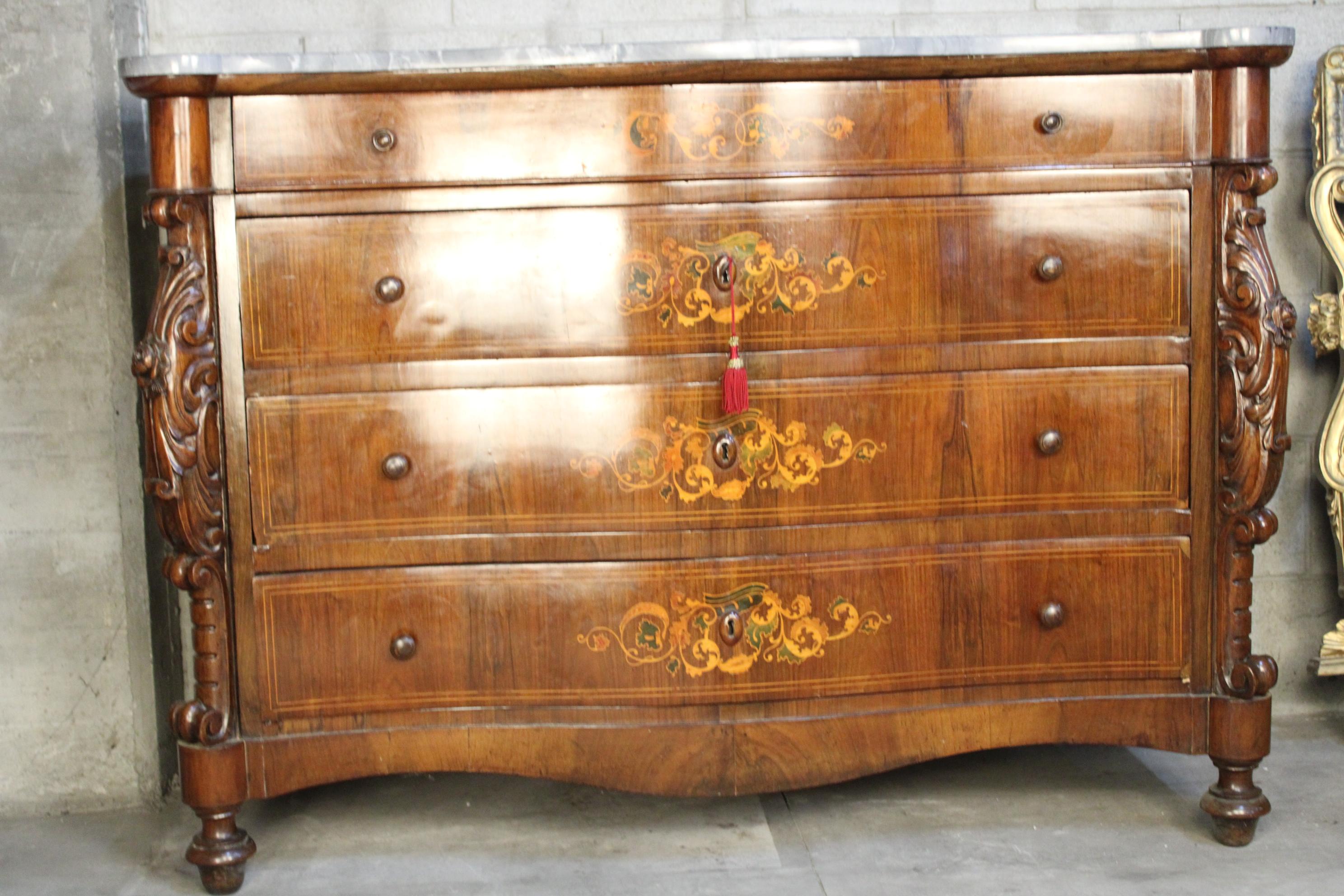 Louis Philippe 19th Century Marquetry Chest of Drawers with an Italian Carrara Marble