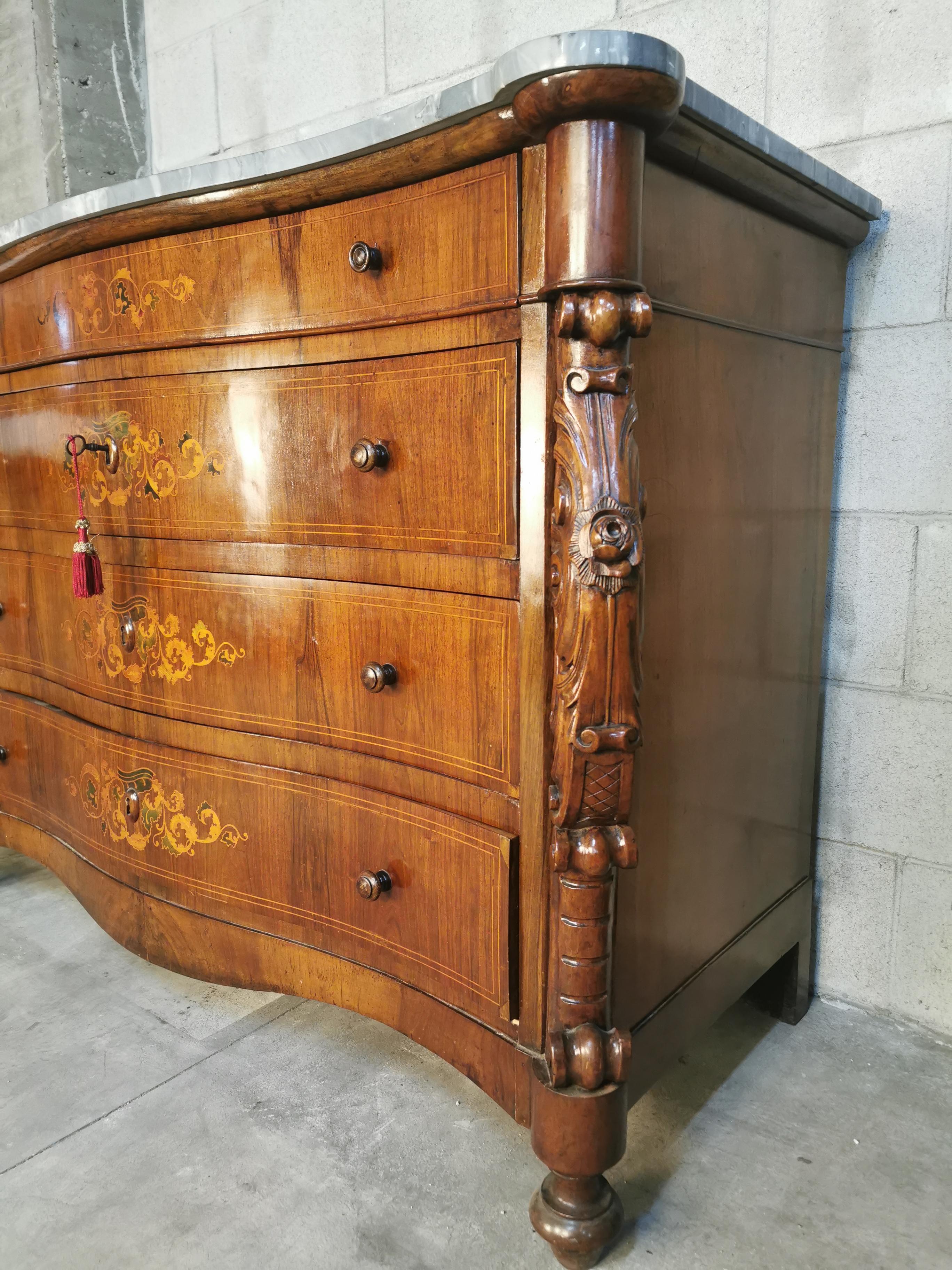 Inlay 19th Century Marquetry Chest of Drawers with an Italian Carrara Marble