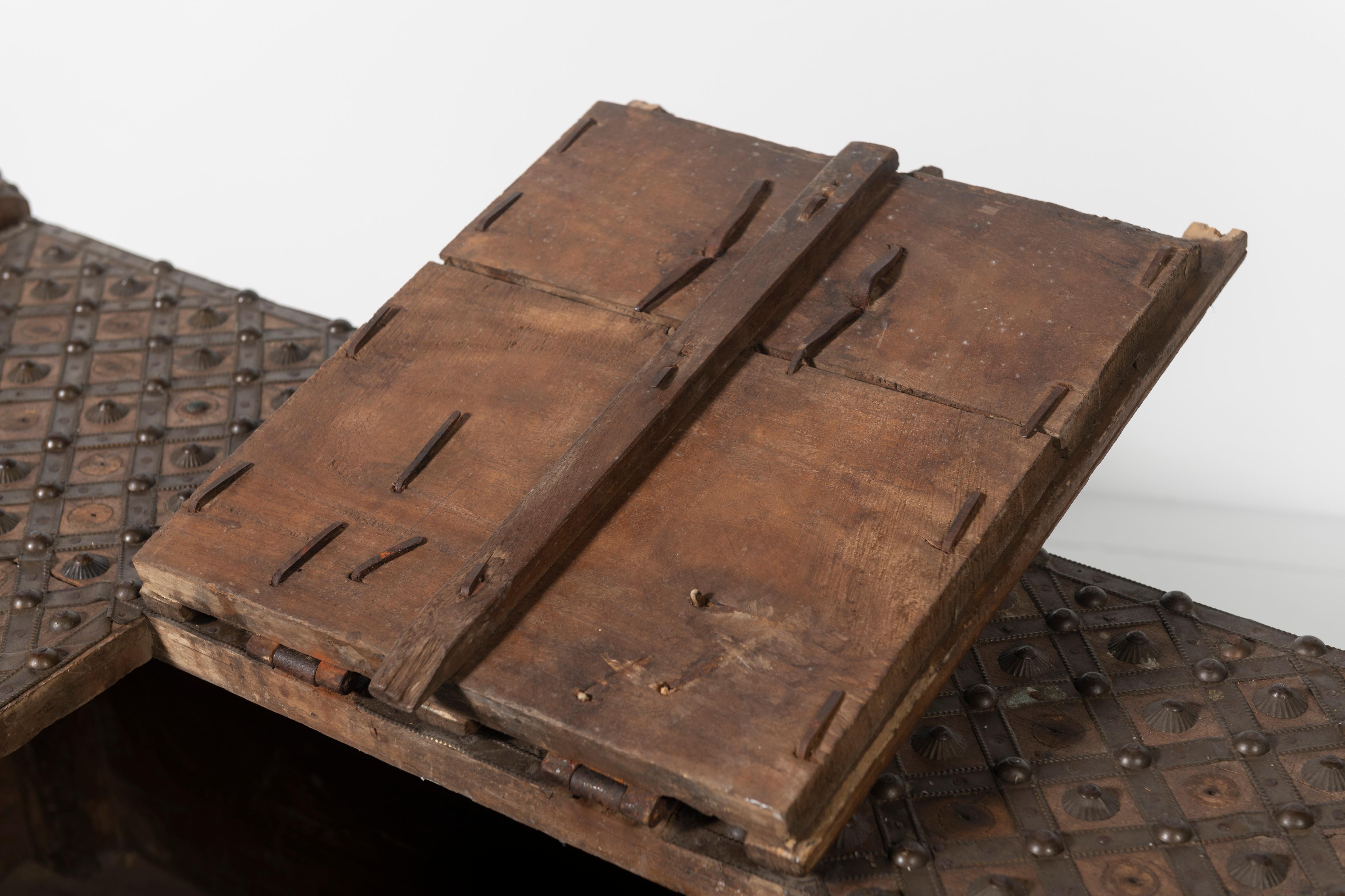 19th Century Chest Wrapped in Iron Straps with Brass Studs, India For Sale 1