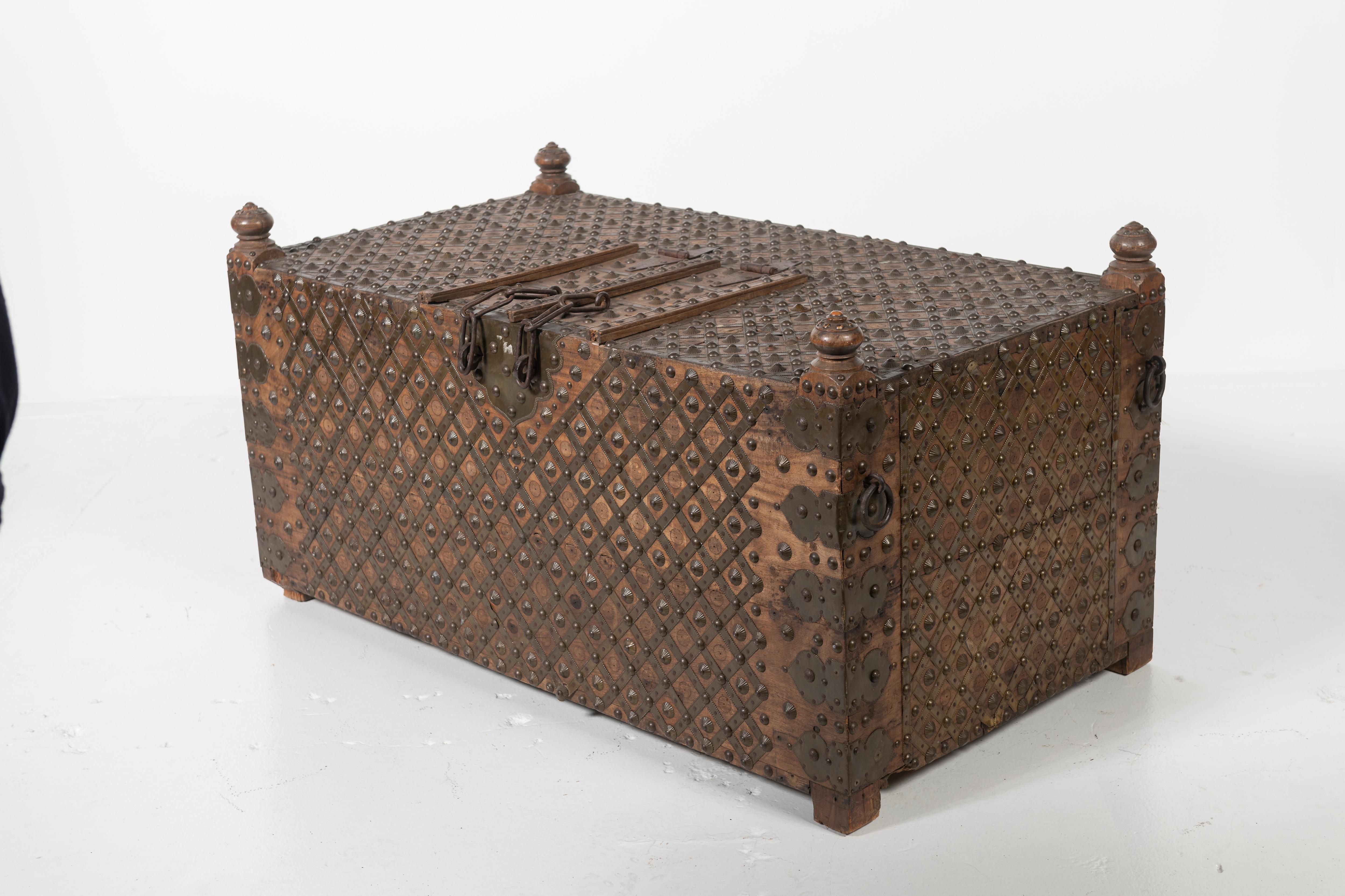 19th Century Chest Wrapped in Iron Straps with Brass Studs, India For Sale 3