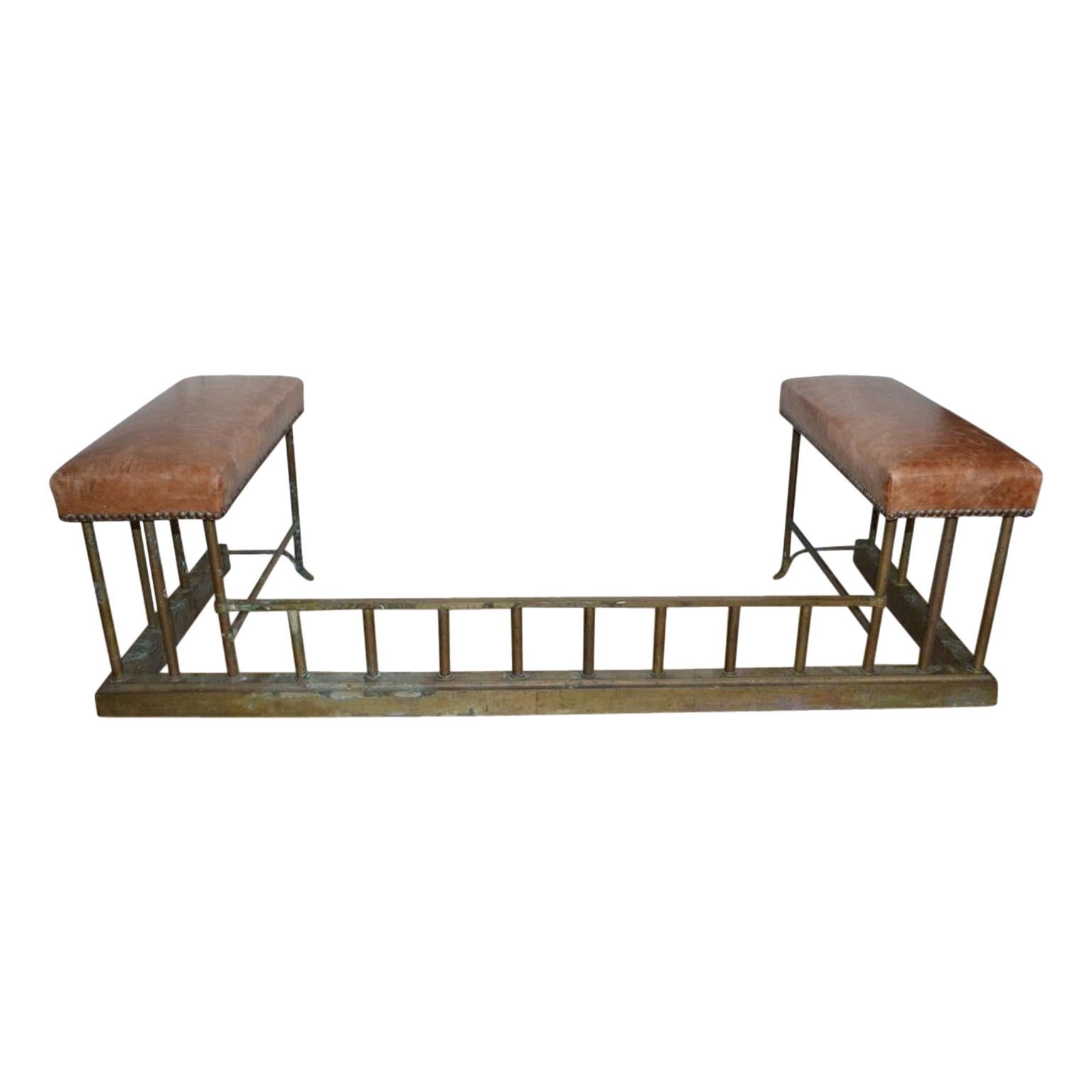 Brass and leather club fire fender bench in solid vintage brass with leather hide seats.