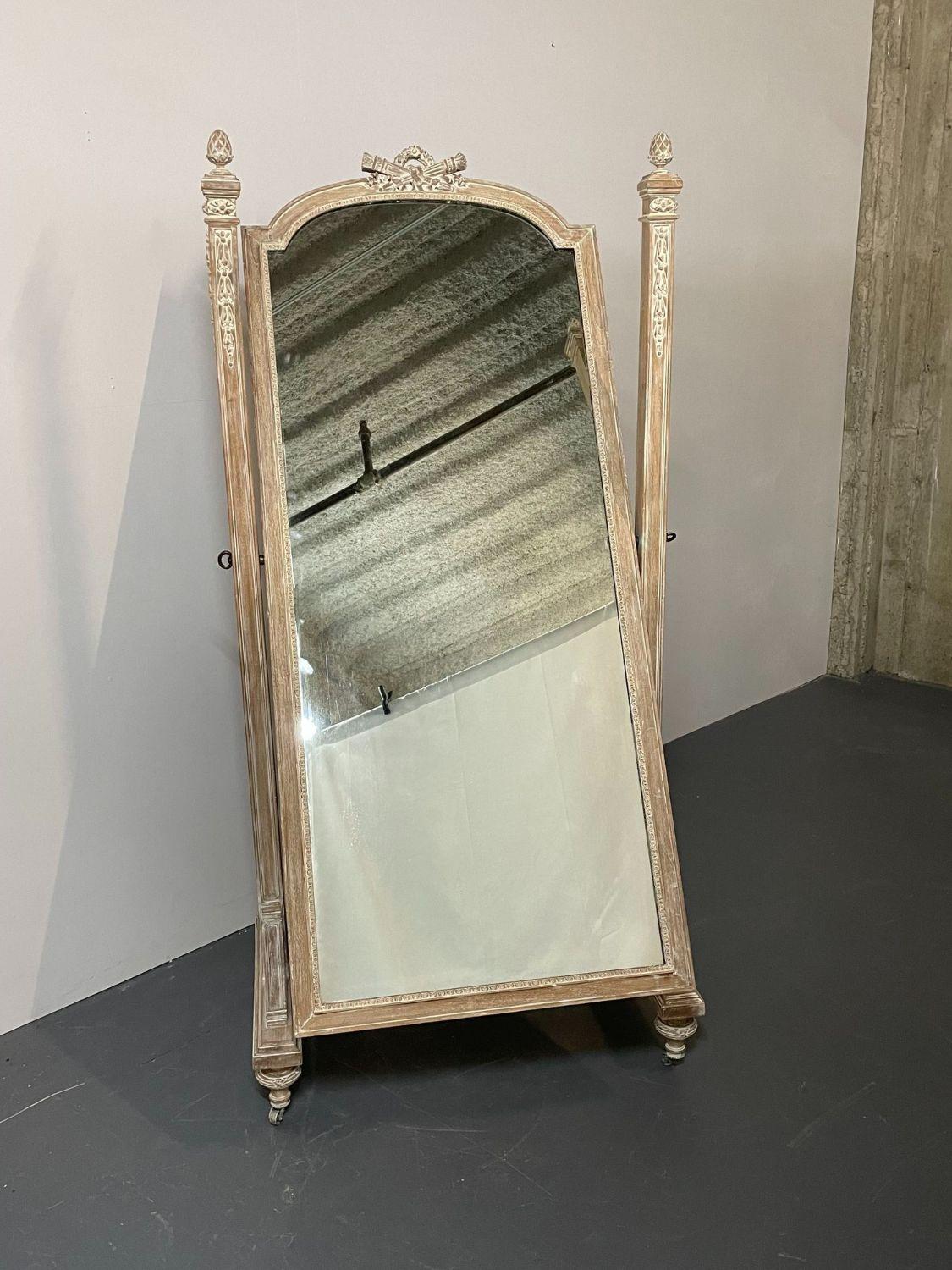 Gustavian 19th Century Cheval, Floor Mirror, Louis XVI, Whitewashed, Standing Mirror For Sale