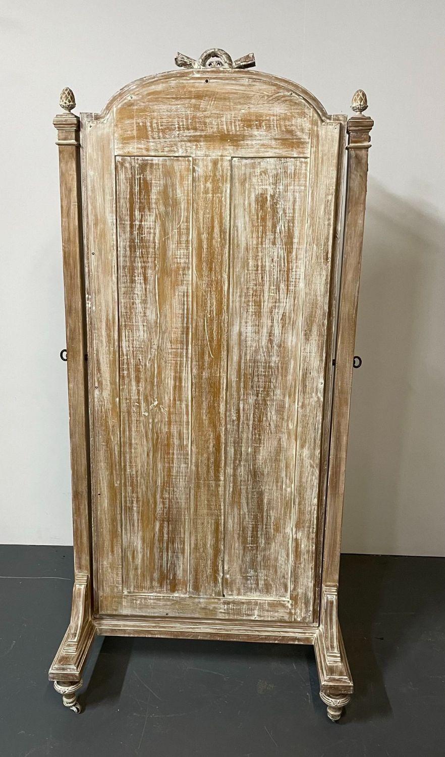 French 19th Century Cheval, Floor Mirror, Louis XVI, Whitewashed, Standing Mirror