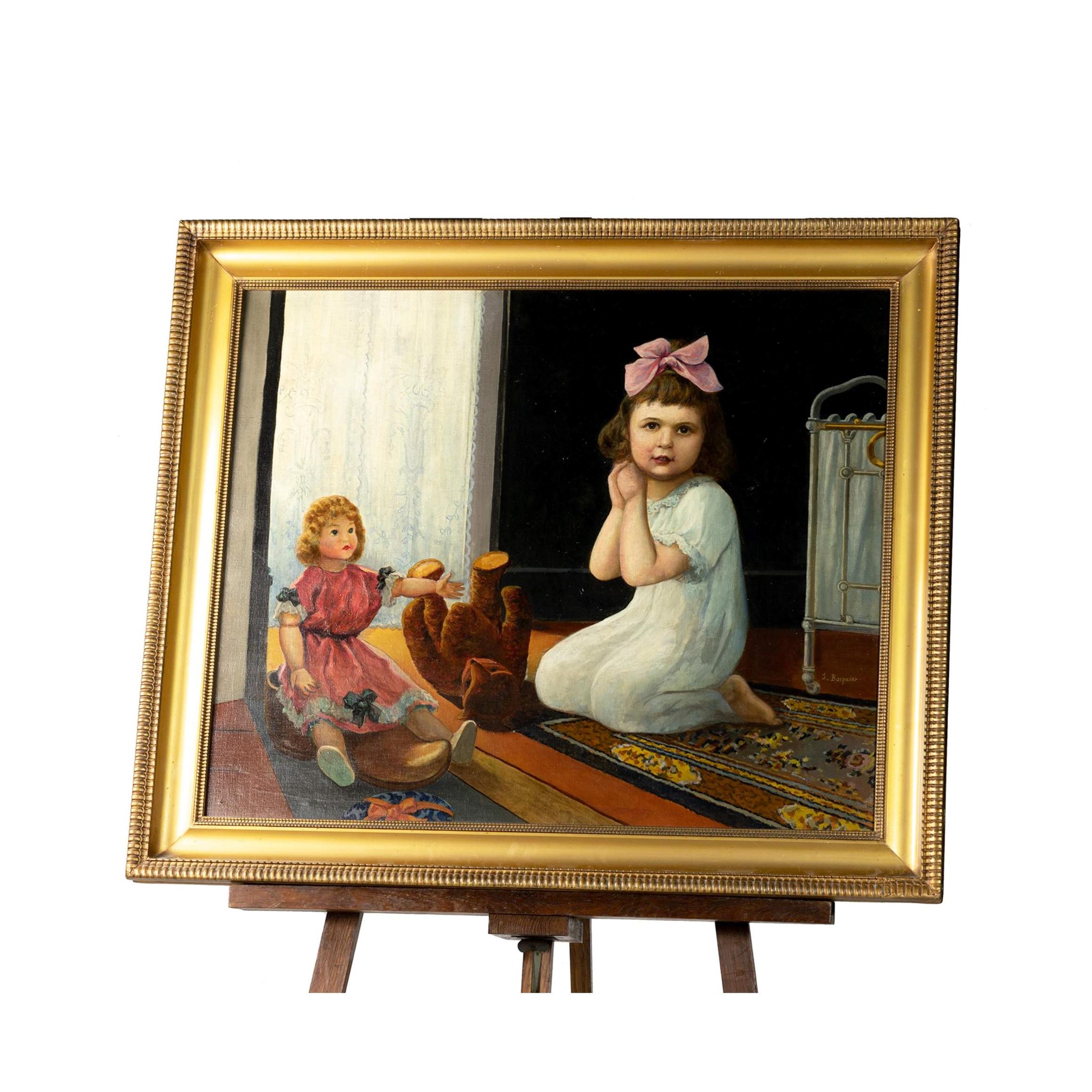 A painting of a young child witha stuffed toy and a doll in her nursery room.
Oil on canvas.
‘ J Bosquier ‘ signed on the right side.
Charles Joseph Bosquier  (1824–1880)

Frame: 37,59 in (95,5 cm) x 31,88 in (81 cm) 
Canvas: 31,88 in (81 cm) x