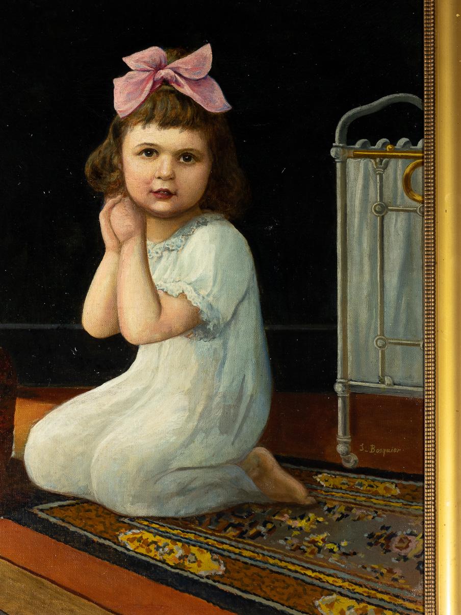 A painting of a young child with a stuffed toy and a doll in her nursery room.
Oil on canvas.
‘ J Bosquier ‘ signed on the right side.
Charles Joseph Bosquier  (1824–1880)

Frame: 37,59 in (95,5 cm) x 31,88 in (81 cm) 
Canvas: 31,88 in (81 cm) x