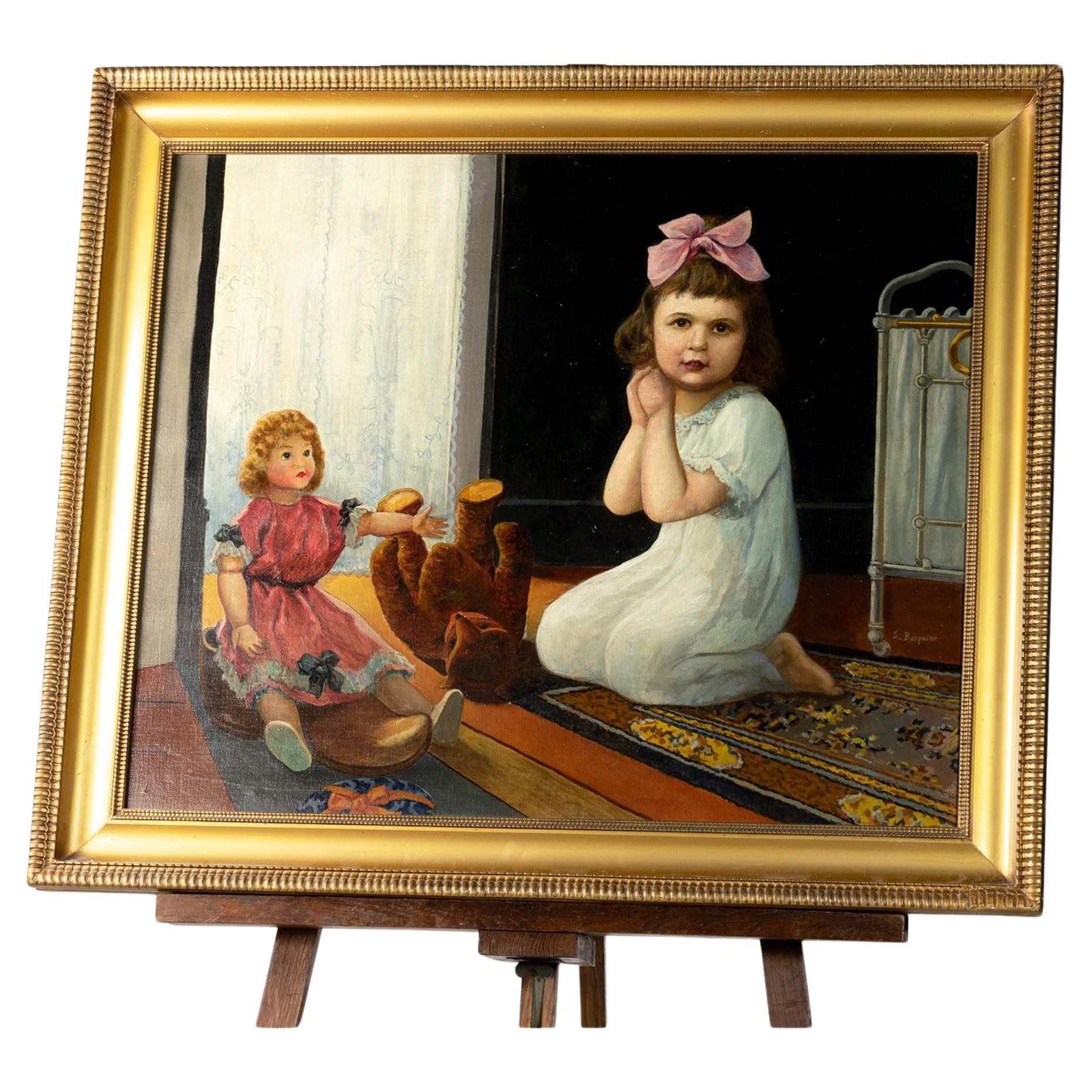 Kinderbett-Gemälde des 19. Jahrhunderts von Charles Bosquier im Angebot