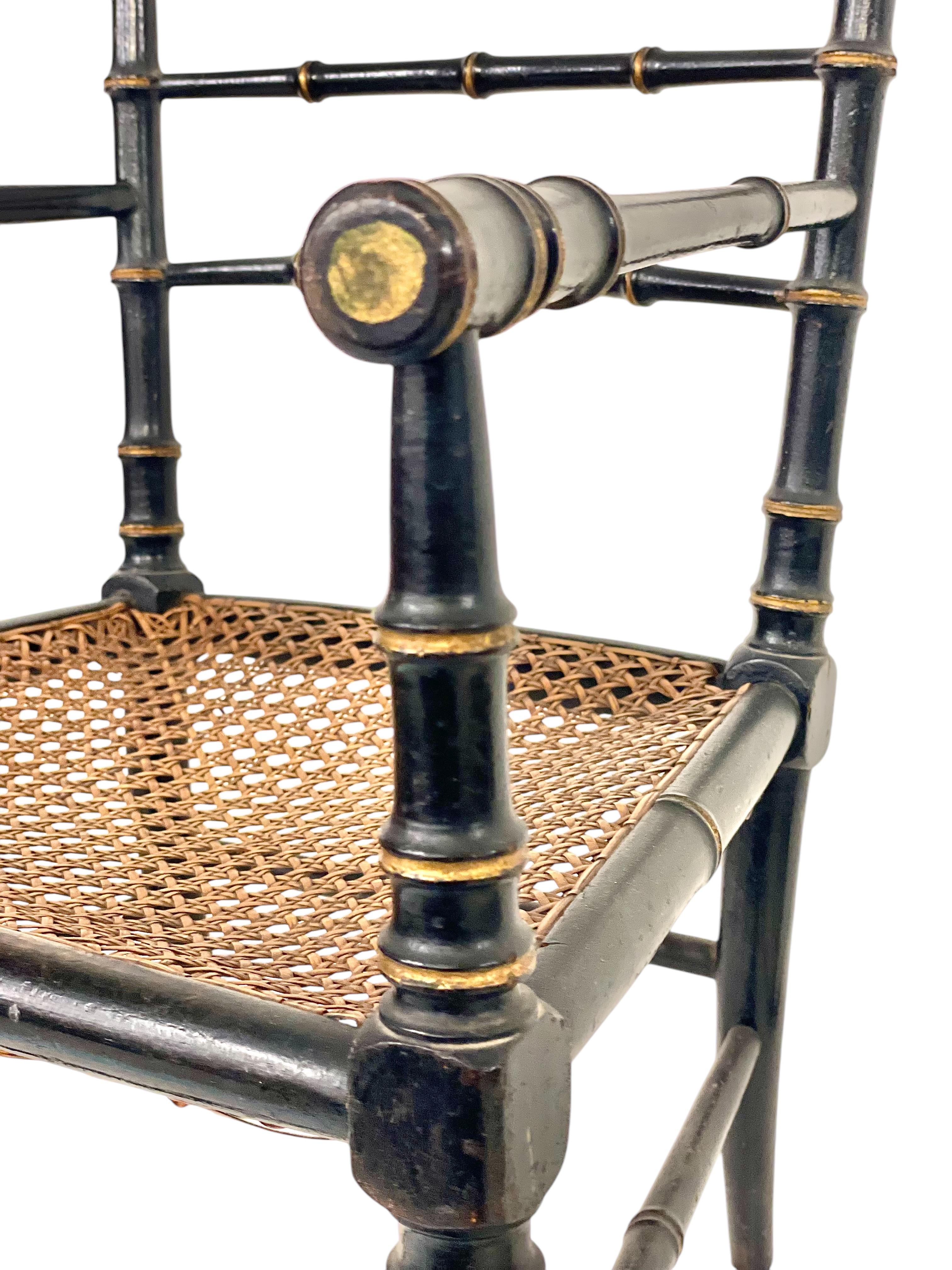 Blackened 19th Century Faux Bamboo and Caned Children’s Chair For Sale