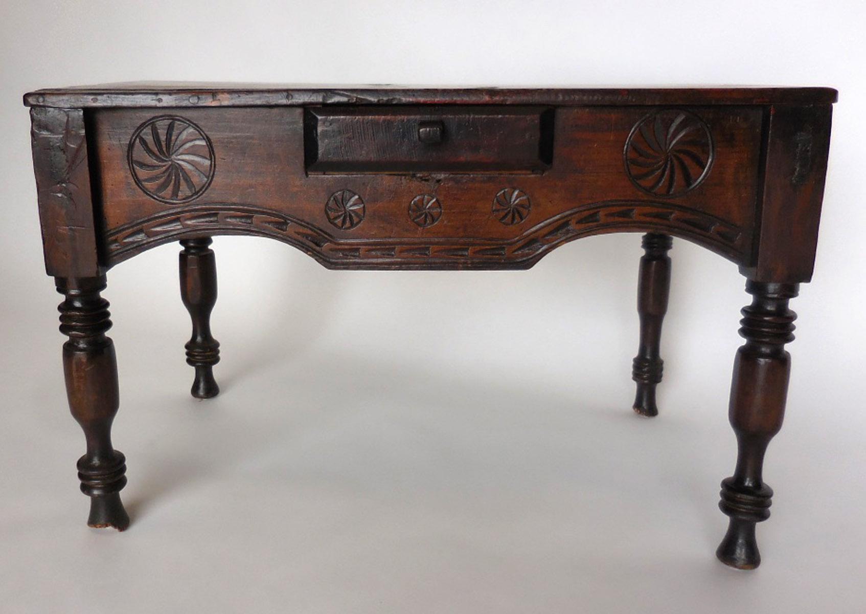 Rustic 19th Century Child's Table with Carvings and Drawer
