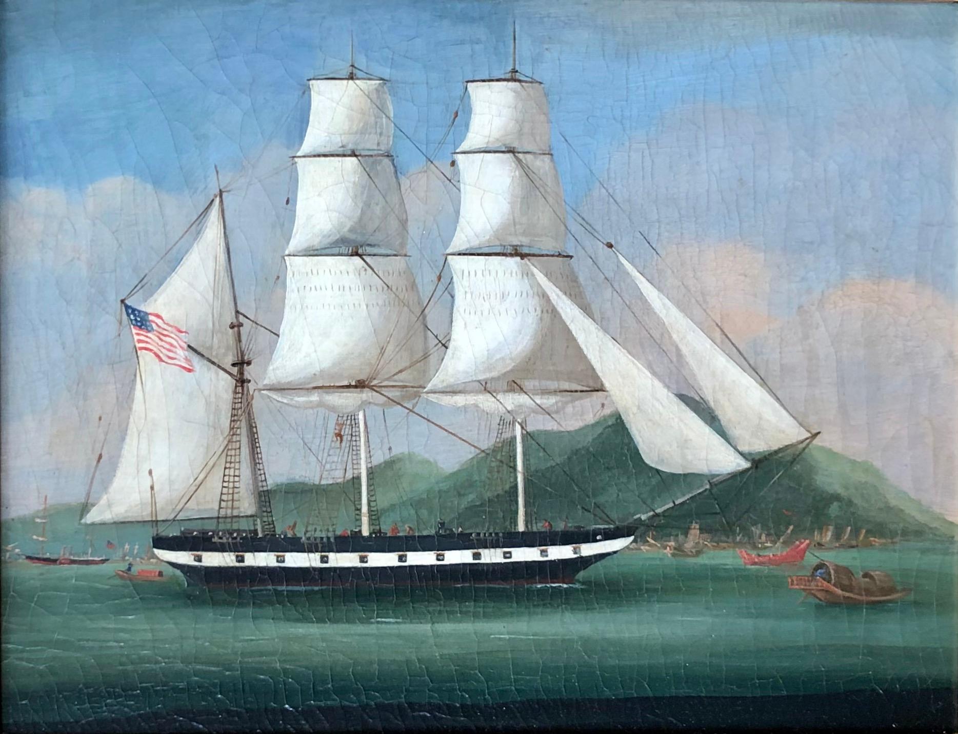 Possibly the Niantic, a whale ship that traveled to China around 1840 and then back to San Francisco during the gold rush. It is a very similar style and has the same number of guns. The ship was later turned into a hotel in San Francisco. 

The