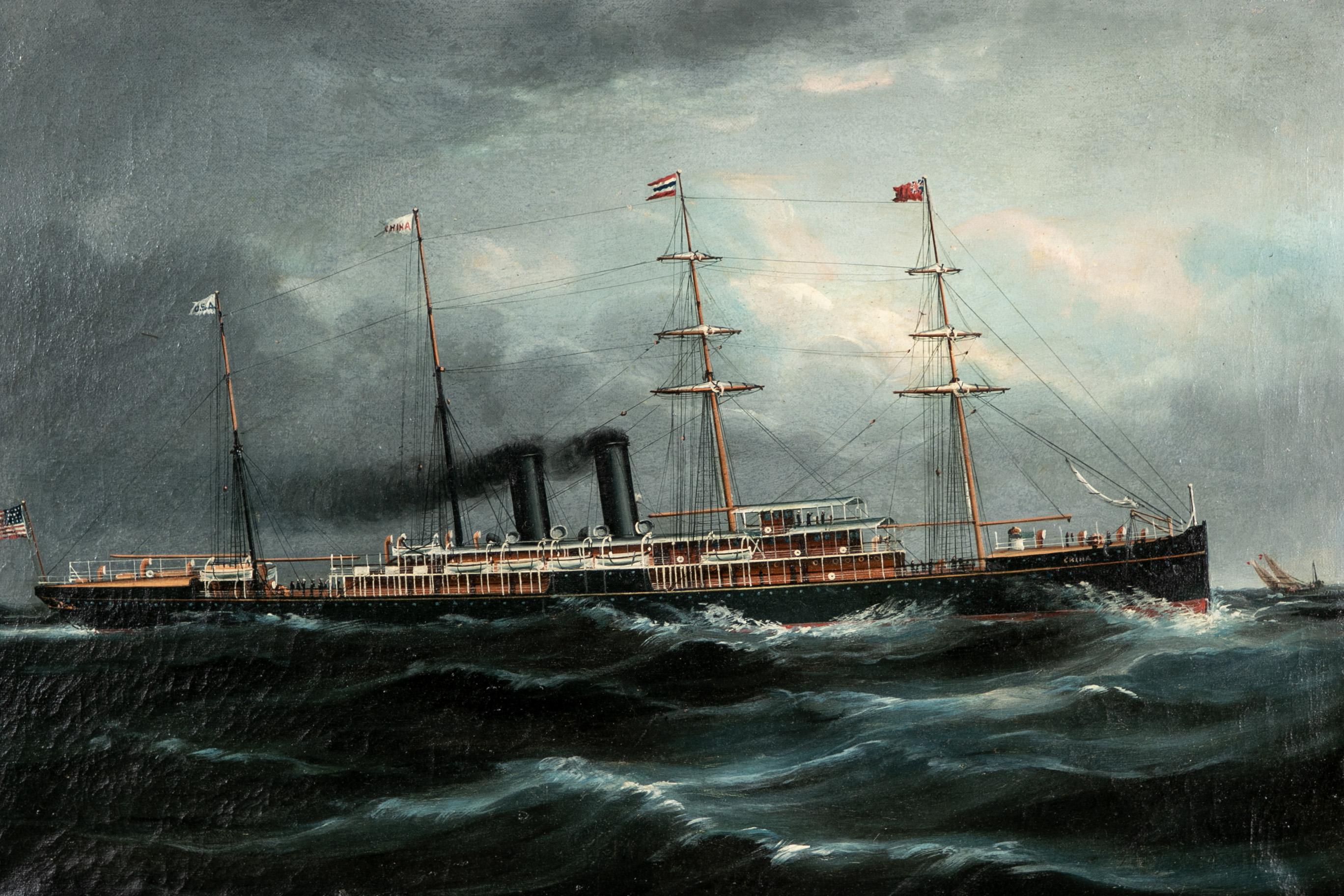 19th century China Trade painting depicting the SS China, of the Pacific Mail Steamship Co., garnishing American and English flags while crossing through turbulent waters with a dark and stormy sky leering overhead. Mounted in an early 20th century