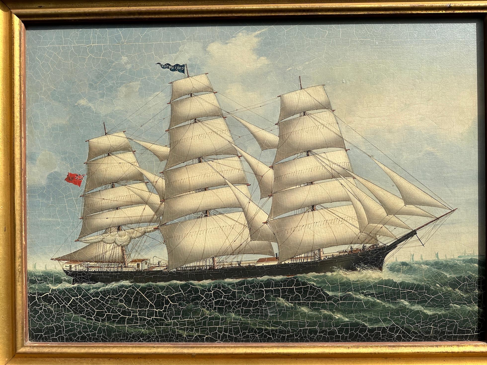 19th Century China Trade Tea Clipper in full sail at Sea, sailing - Painting by 19th century China Trade