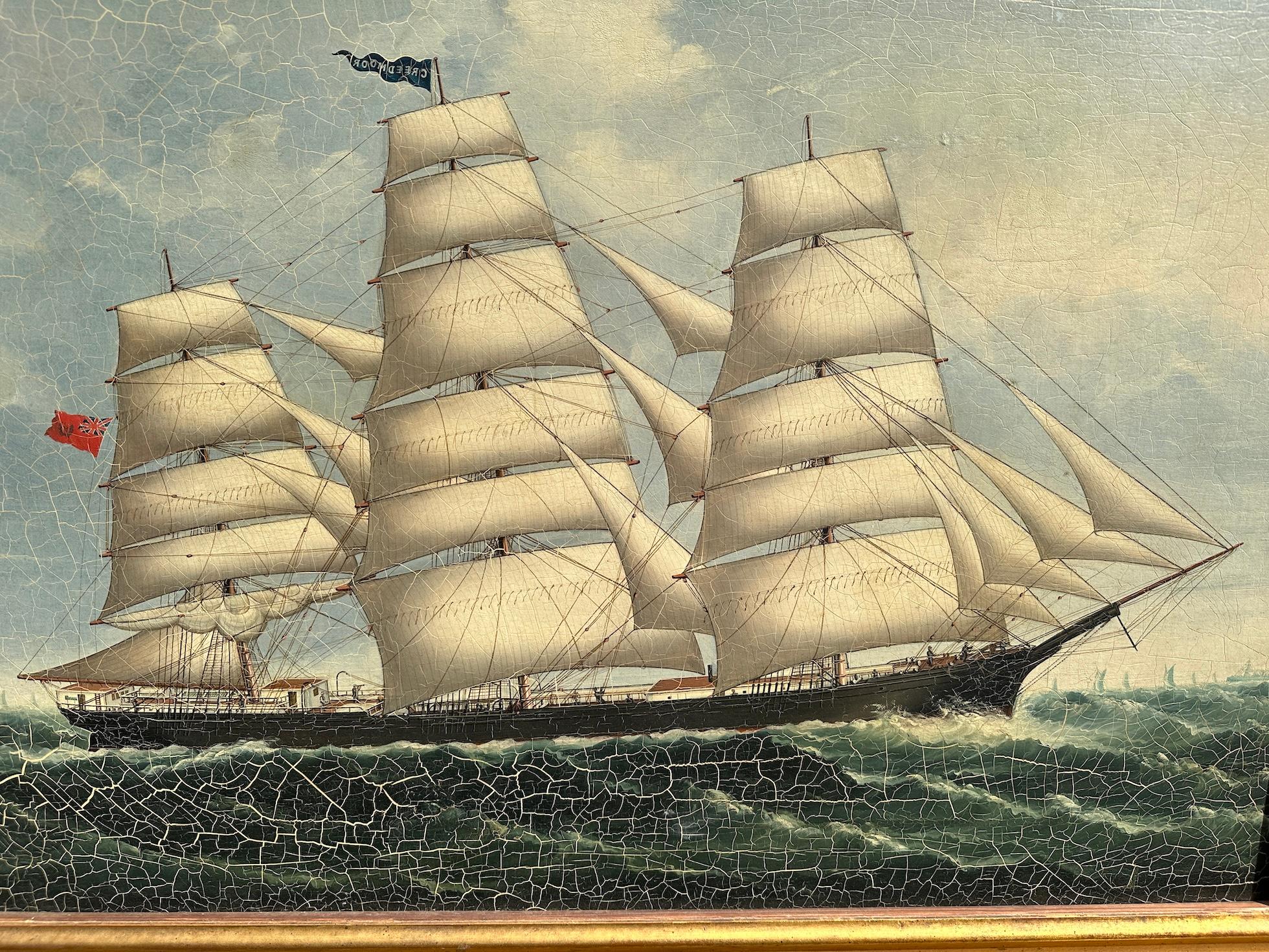 19th Century China Trade Tea Clipper in full sail at Sea, sailing For Sale 1