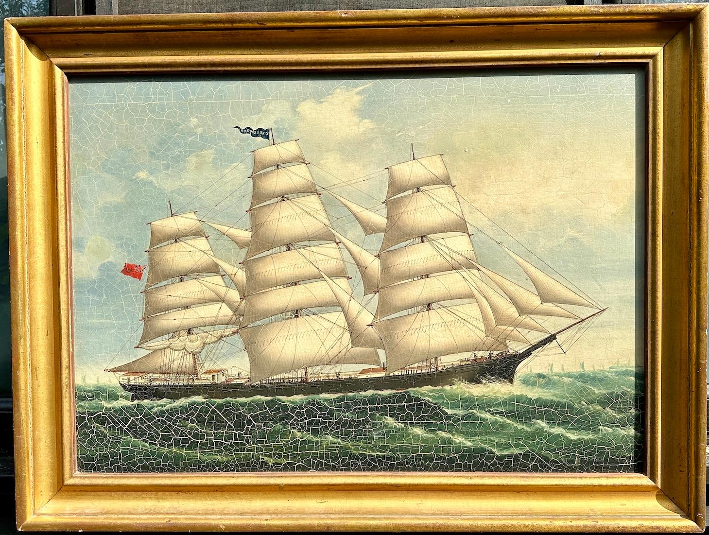 19th century China Trade Figurative Painting - 19th Century China Trade Tea Clipper in full sail at Sea, sailing