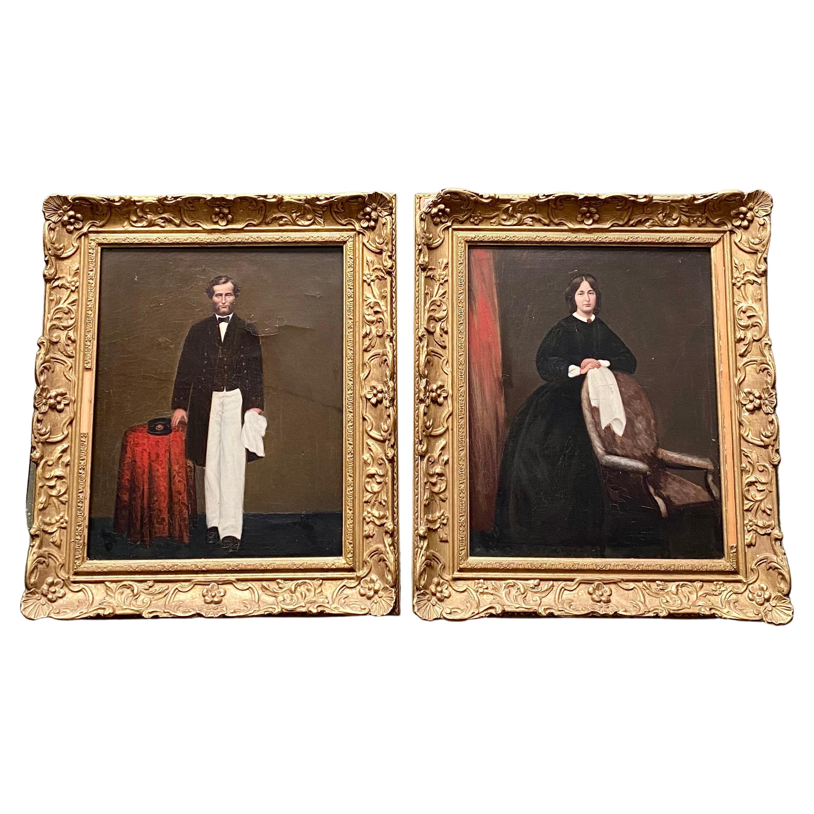 Paire de portraits de capitaine et de femme de mer en portraits commerciaux chinois du XIXe sicle en vente