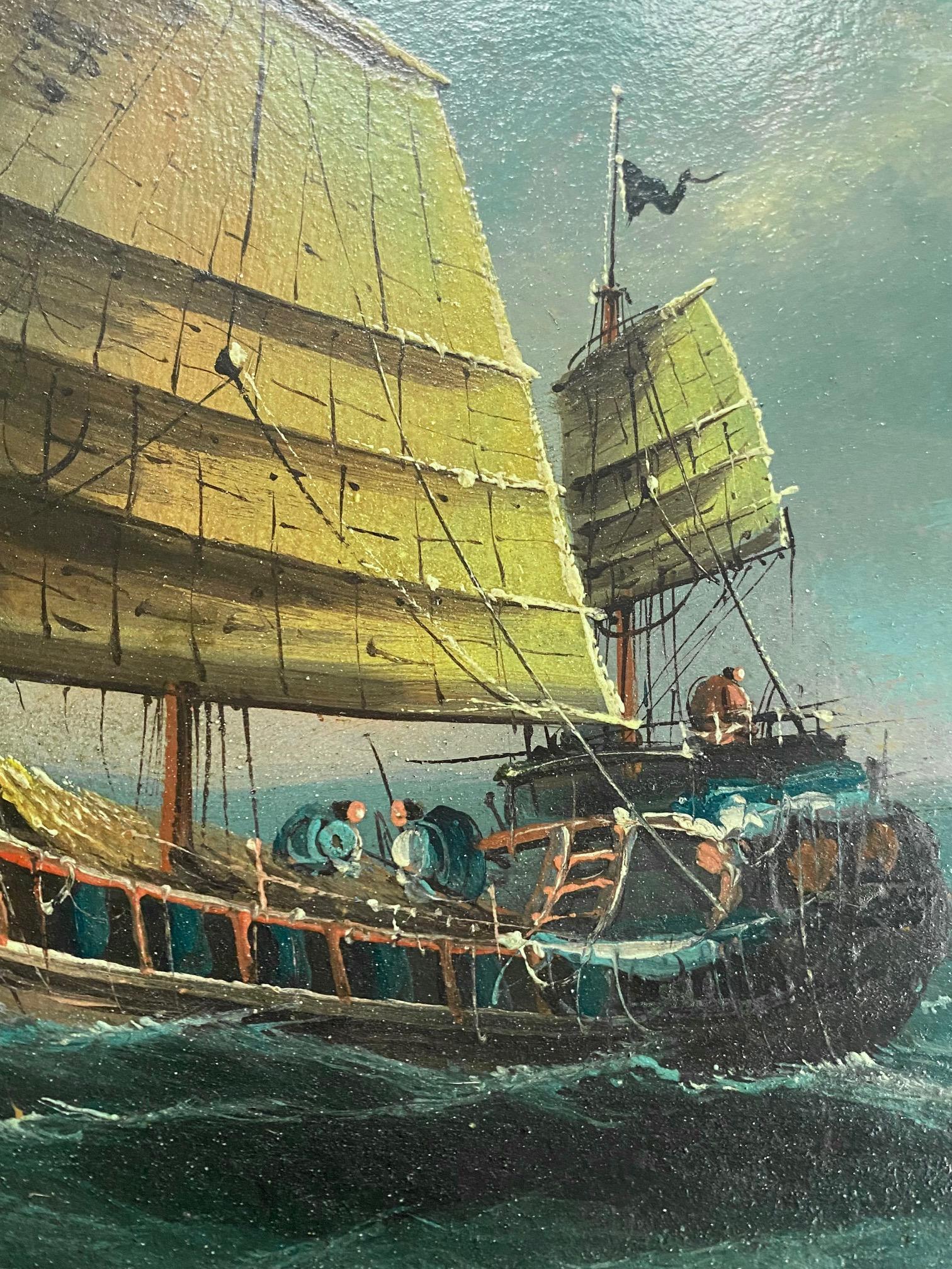Chinese Export 19th Century China Trade Seascape with a Junk, Signed, circa 1870 For Sale