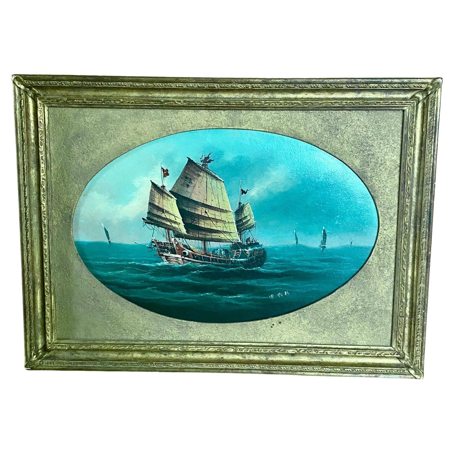 19th Century China Trade Seascape with a Junk, Signed, circa 1870 For Sale