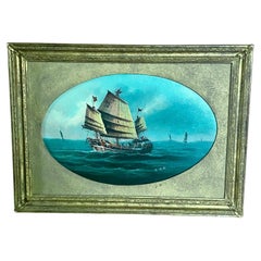19th Century China Trade Seascape with a Junk, Signed, circa 1870