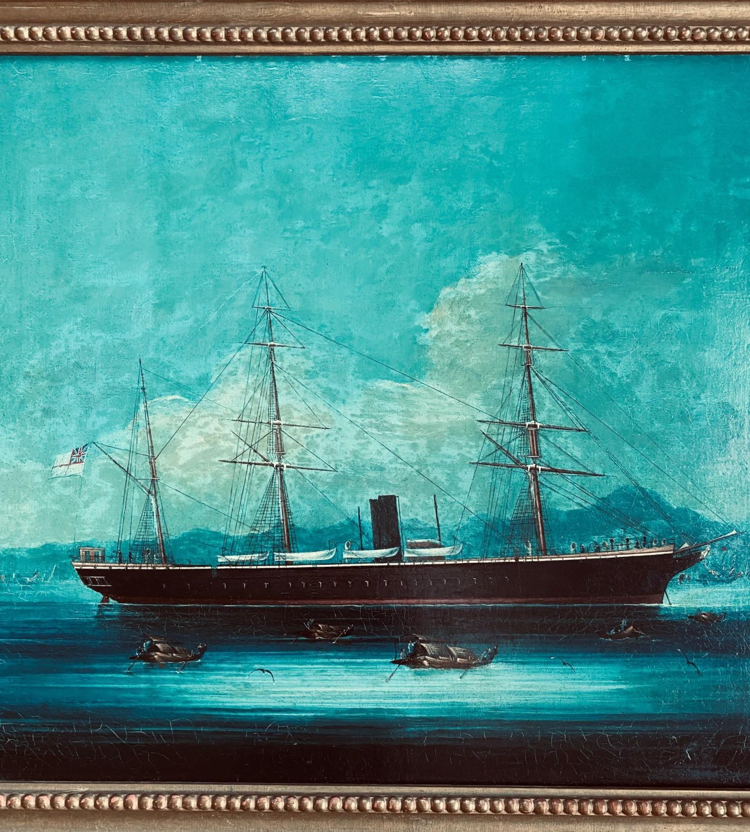19th century China trade seascape with a tea Clipper in Hong Kong Harbor, circa 1850, an oil on canvas seascape with starboard side view of a bark rigged auxiliary steamer at anchor in Hong Kong's Victoria Harbor, under full standing rigging with