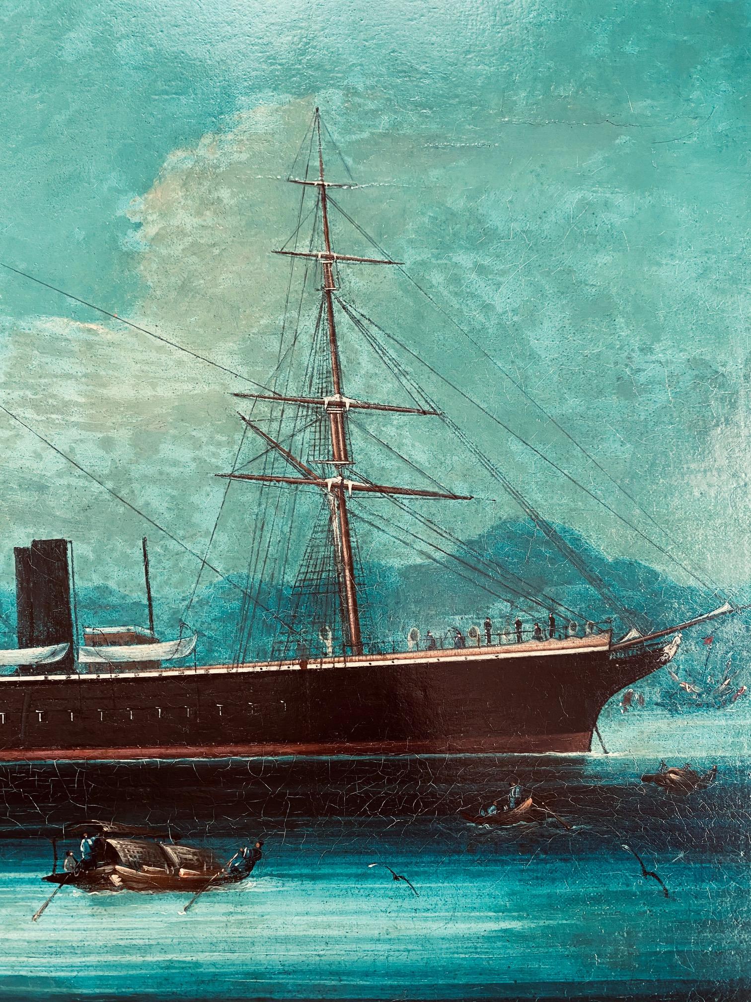 Chinese Export 19th Century China Trade Seascape with a Tea Clipper in Hong Kong Harbor