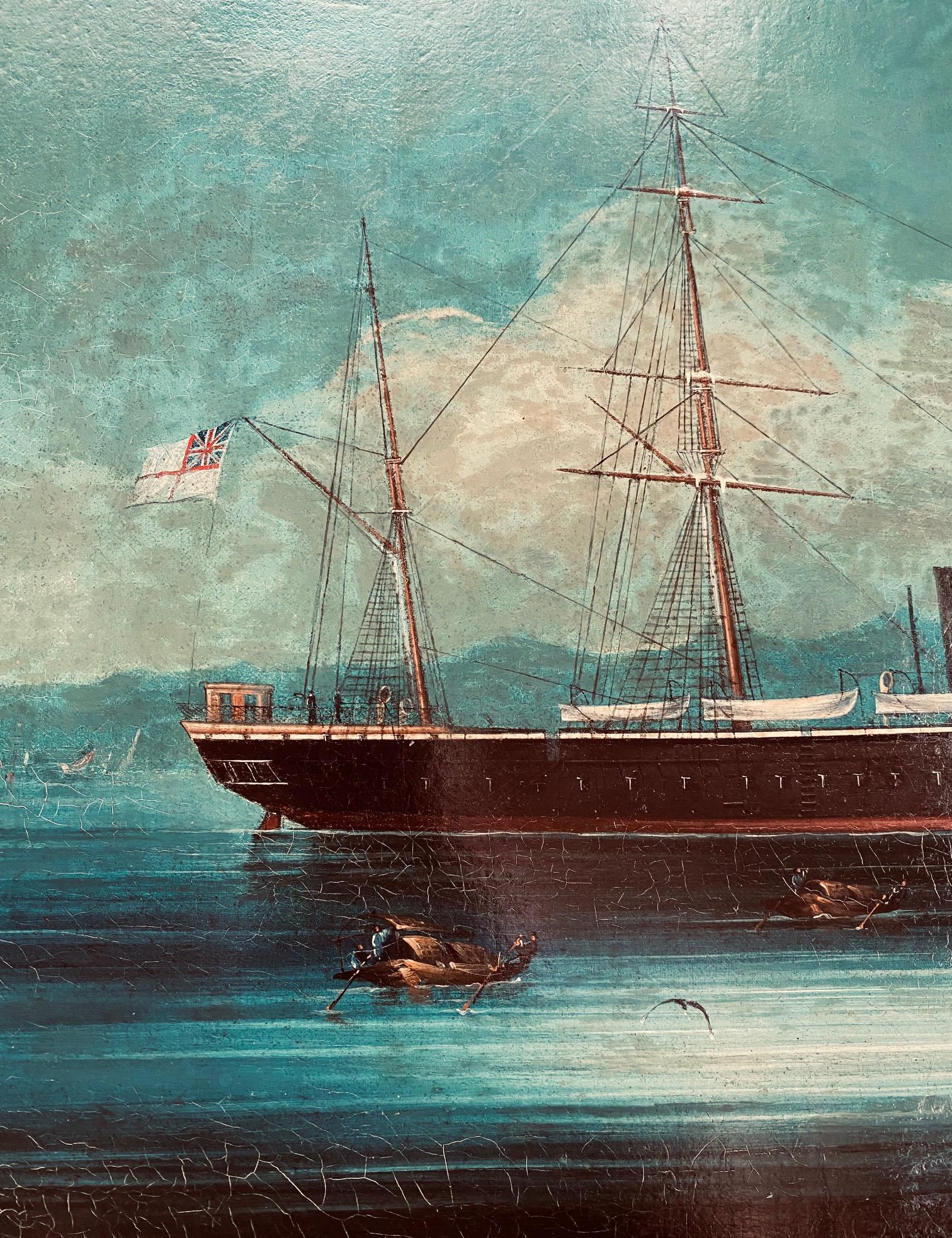 Hand-Painted 19th Century China Trade Seascape with a Tea Clipper in Hong Kong Harbor