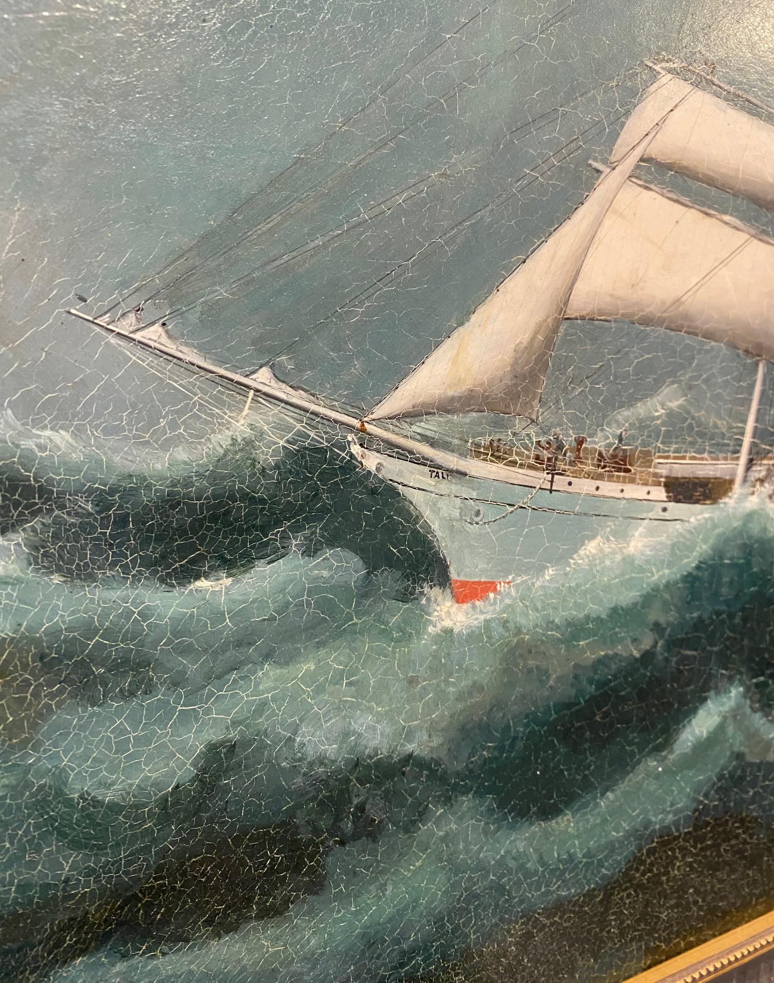 19th century China Trade Seascape with an American Clipper Ship, circa 1880s, a Chinese Export oil on canvas seascape depicting an iron or steel hulled clipper ship in heavy rough seas under reefed sails. The painting was executed with the fine