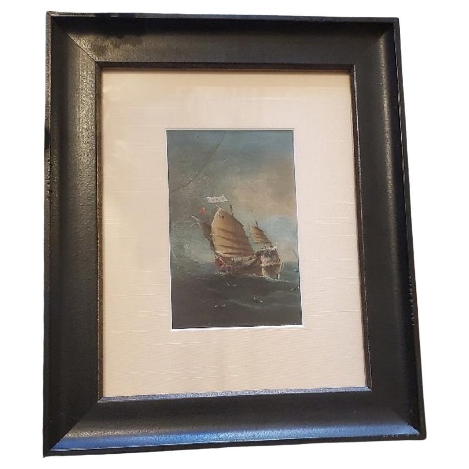 19th century China Trade Seascape with Junk, second of three Export paintings, circa 1830s, a small finely detailed oil on panel seascape with large junk under sail on stormy seas, white pennant flying from main mast and red flag flying from fore