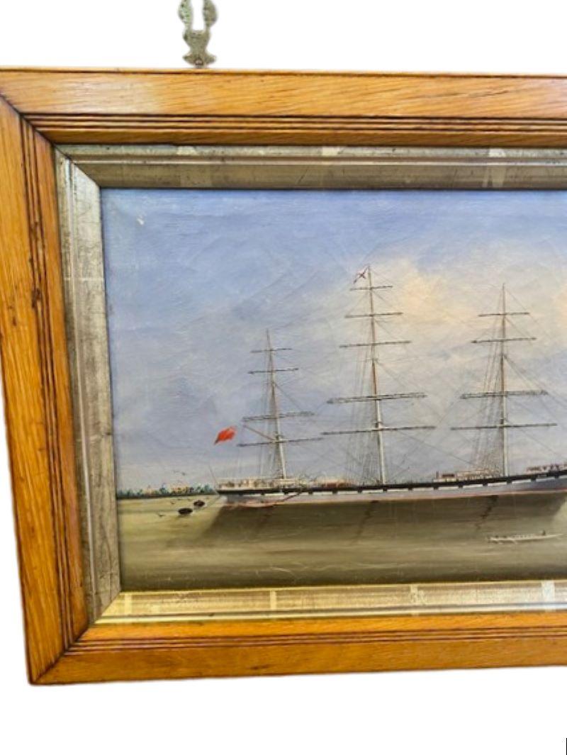 Paysage marin du commerce en Chine du XIXe siècle avec le navire Avon à l'ancre, par Lai Fong (actif : 1875 - 1905), vers 1890, une huile sur toile vue à tribord d'un navire à gréement carré à l'ancre sous des voiles roulées, sur des eaux calmes