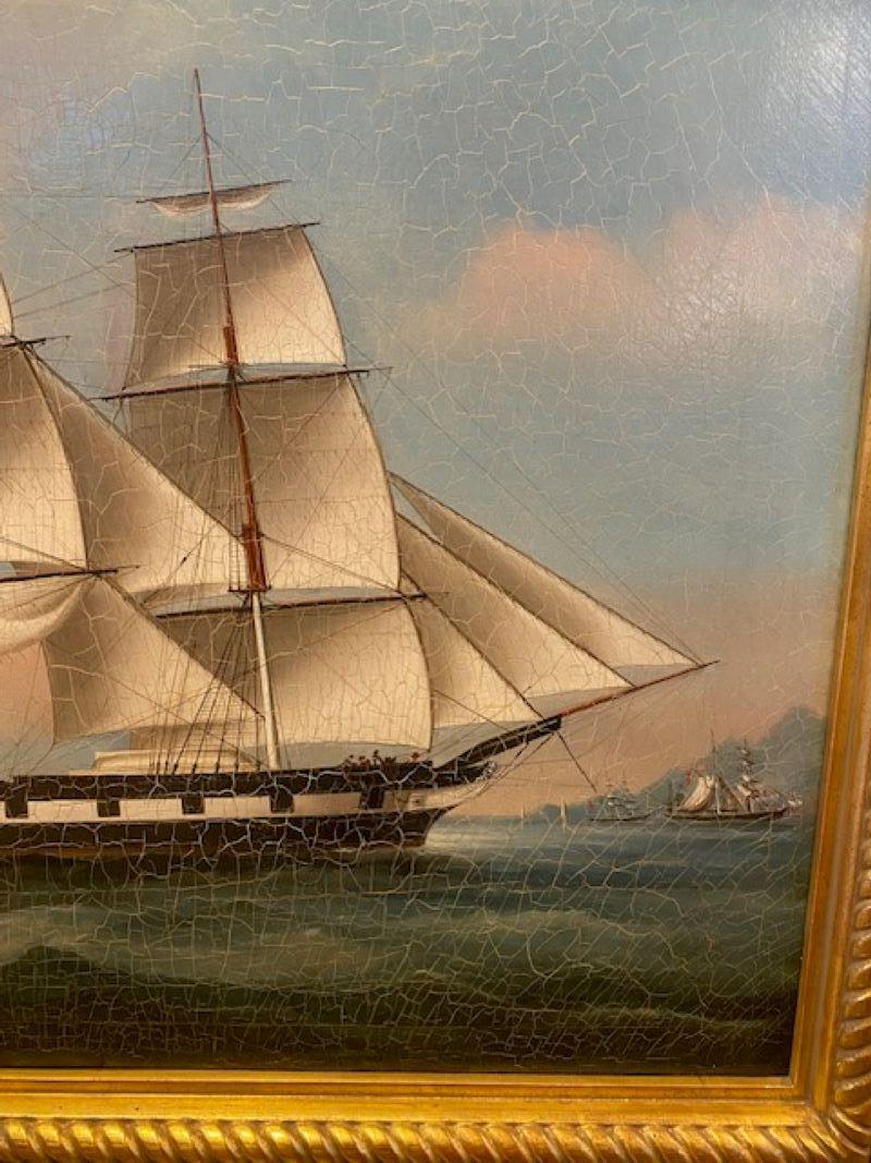Nave China Trade del XIX secolo Ritratto della nave clipper americana ORIENTAL, a vele spiegate sulla dritta, in partenza dal porto di Hong Kong verso Boston, con altre navi e spazzatura sullo sfondo.

Il dipinto è stato conservato in modo