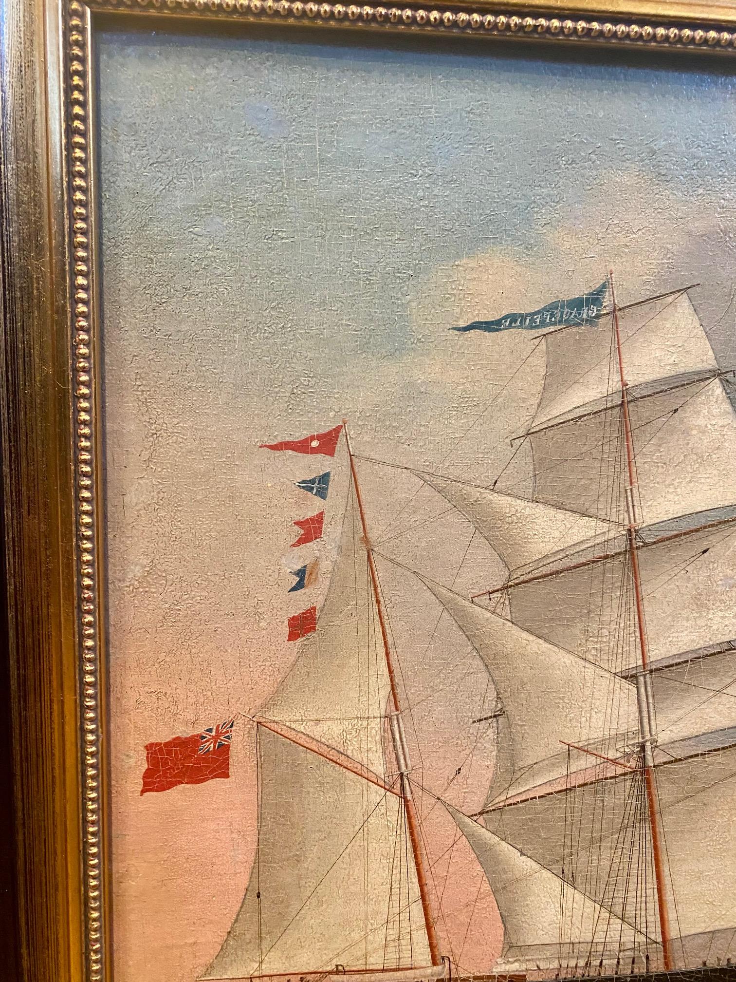 19th century China Trade Ship Portrait of the British Tea Clipper Grace Reilly, circa 1860, a Chinese Export oil on canvas starboard side view of the bark rigged clipper under full sail, flying ship's pennant on the main peak, signal flags and