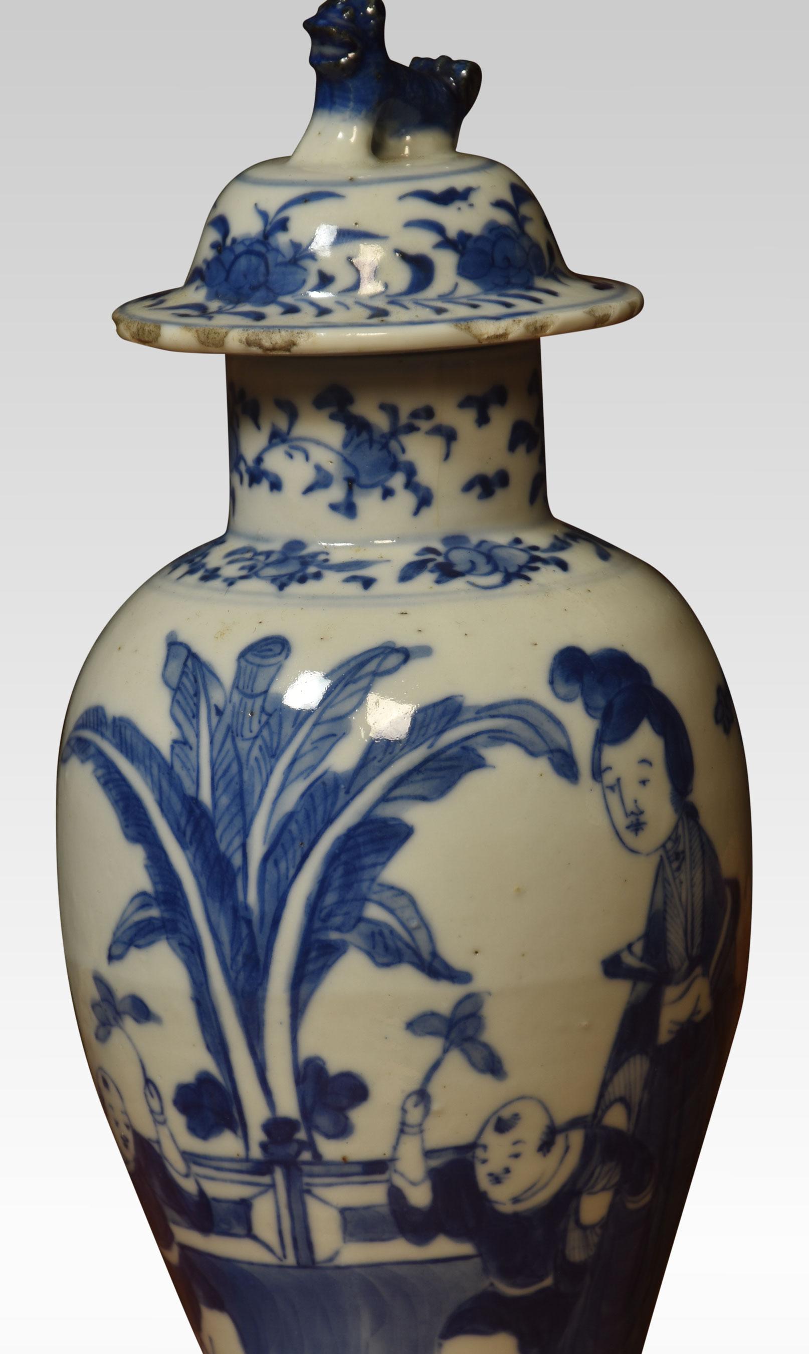 19th-century blue and white porcelain vase with painted with figures and foliating decoration on circular base some chips together with original lid.
Dimensions
Height 10.5 Inches
Width 4 Inches
Depth 4 Inches.