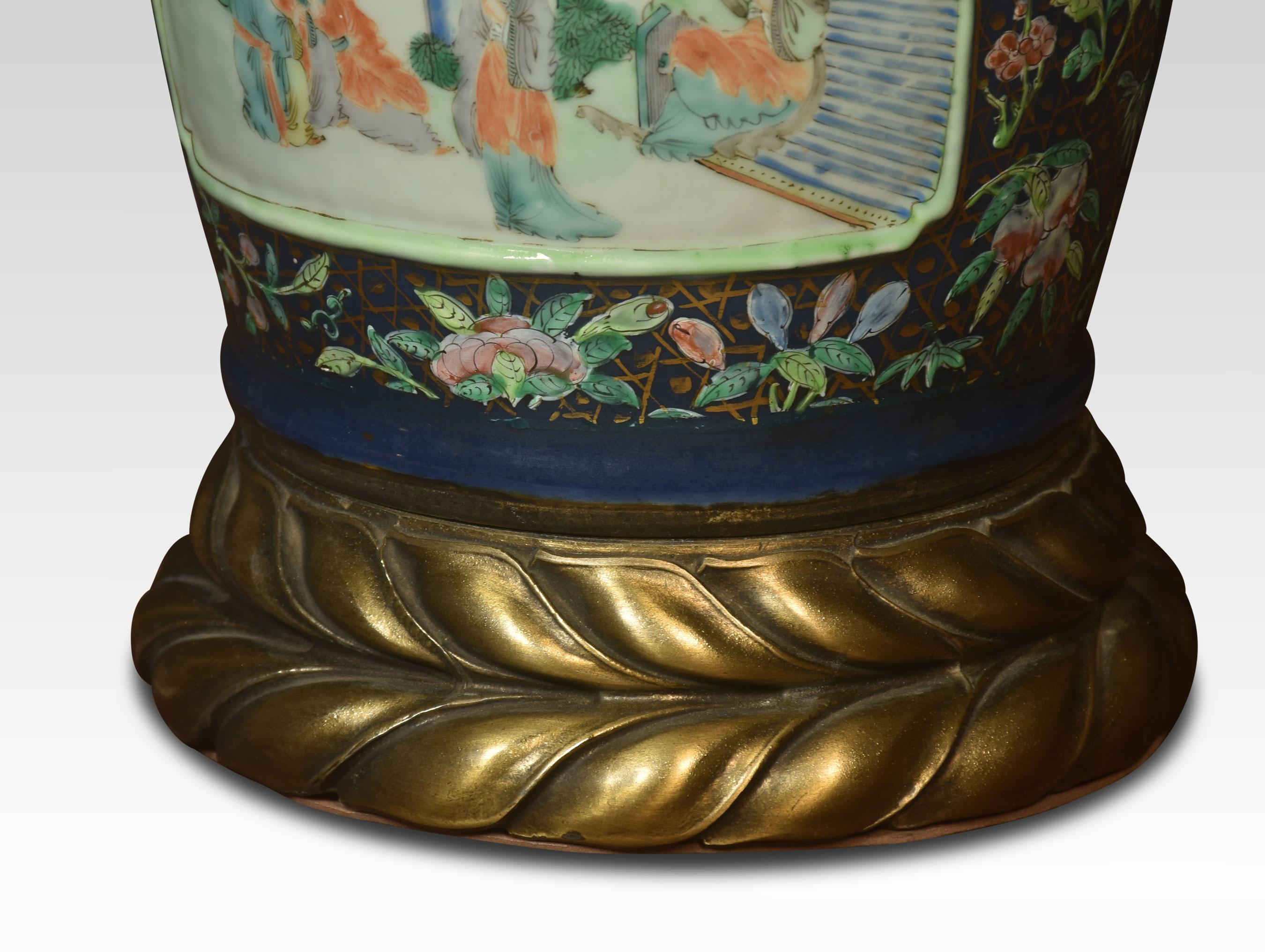 Chinese Porcelain Famille Verte Vase mounted as a lamp depicting an Islamic market, raised up on turned base.
Dimensions
height 22 Inches
width 8 Inches
depth 8 Inches