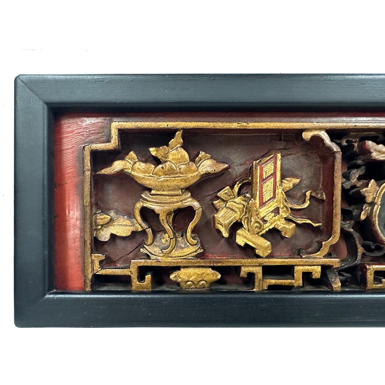 This antique Chinese wood carving panel has very deep 3D carving works of Chinese folks art - Chinese Opera with gilt. Very detailed carving works. Panels is carved from one piece of wood with black wood frame. The intricate gilt pierced carving is