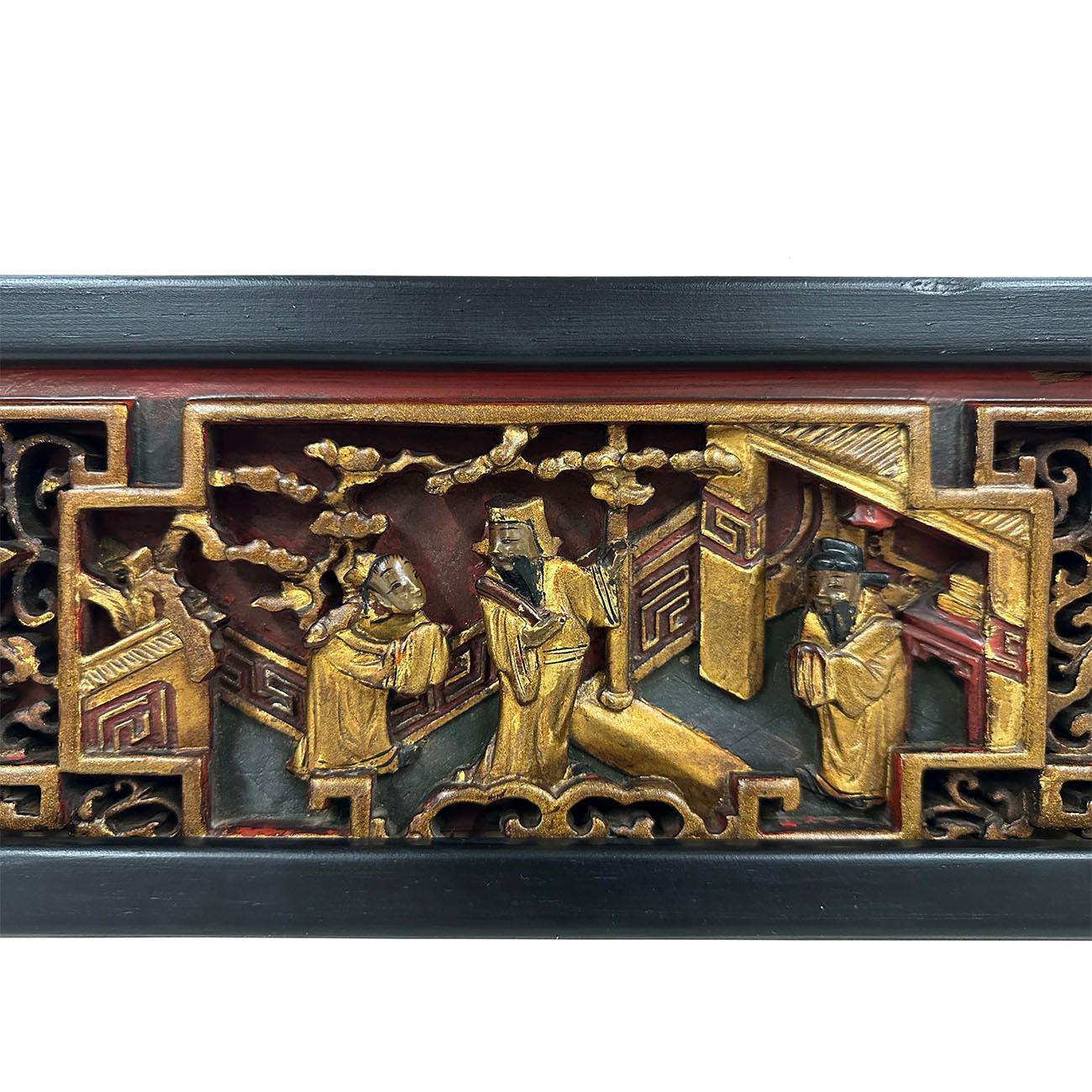 Hand-Carved 19th Century Chinese 3d Carving Wood Panel Hanging Architectural Element