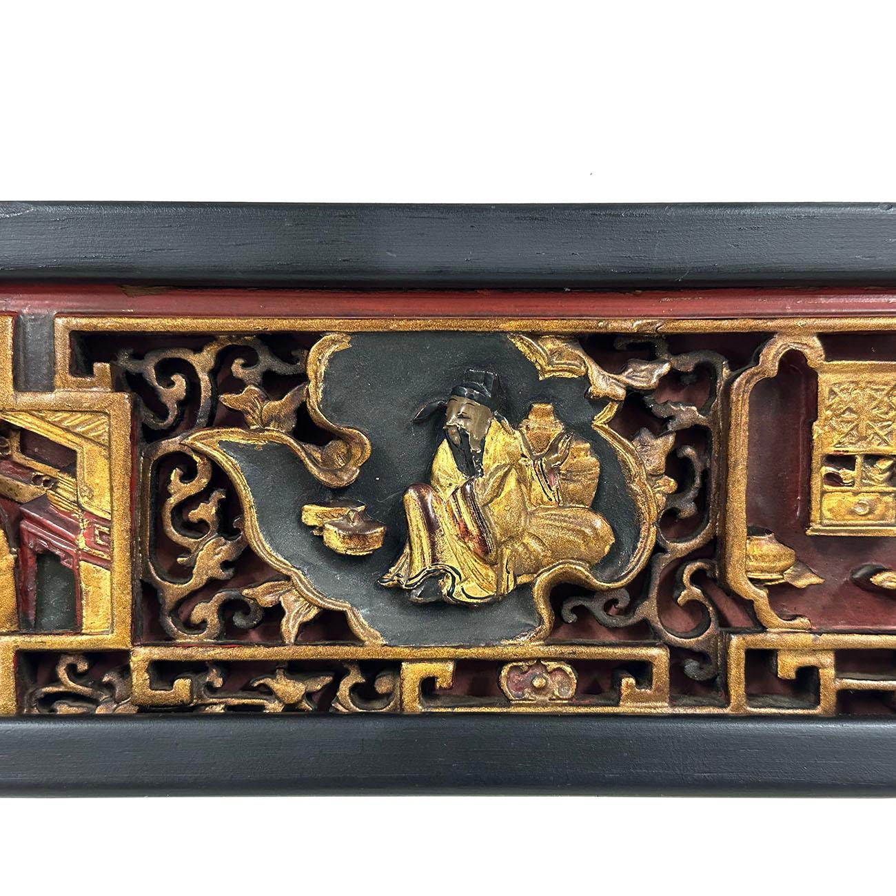 19th Century Chinese 3d Carving Wood Panel Hanging Architectural Element In Good Condition In Pomona, CA