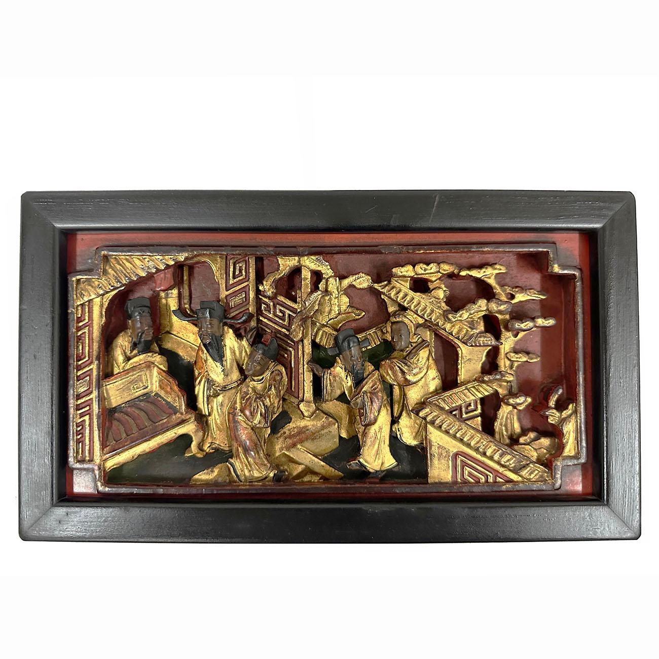 Chinese Export 19th Century Chinese 3d Carving Wood Panels Hanging Architectural Element, Set  For Sale