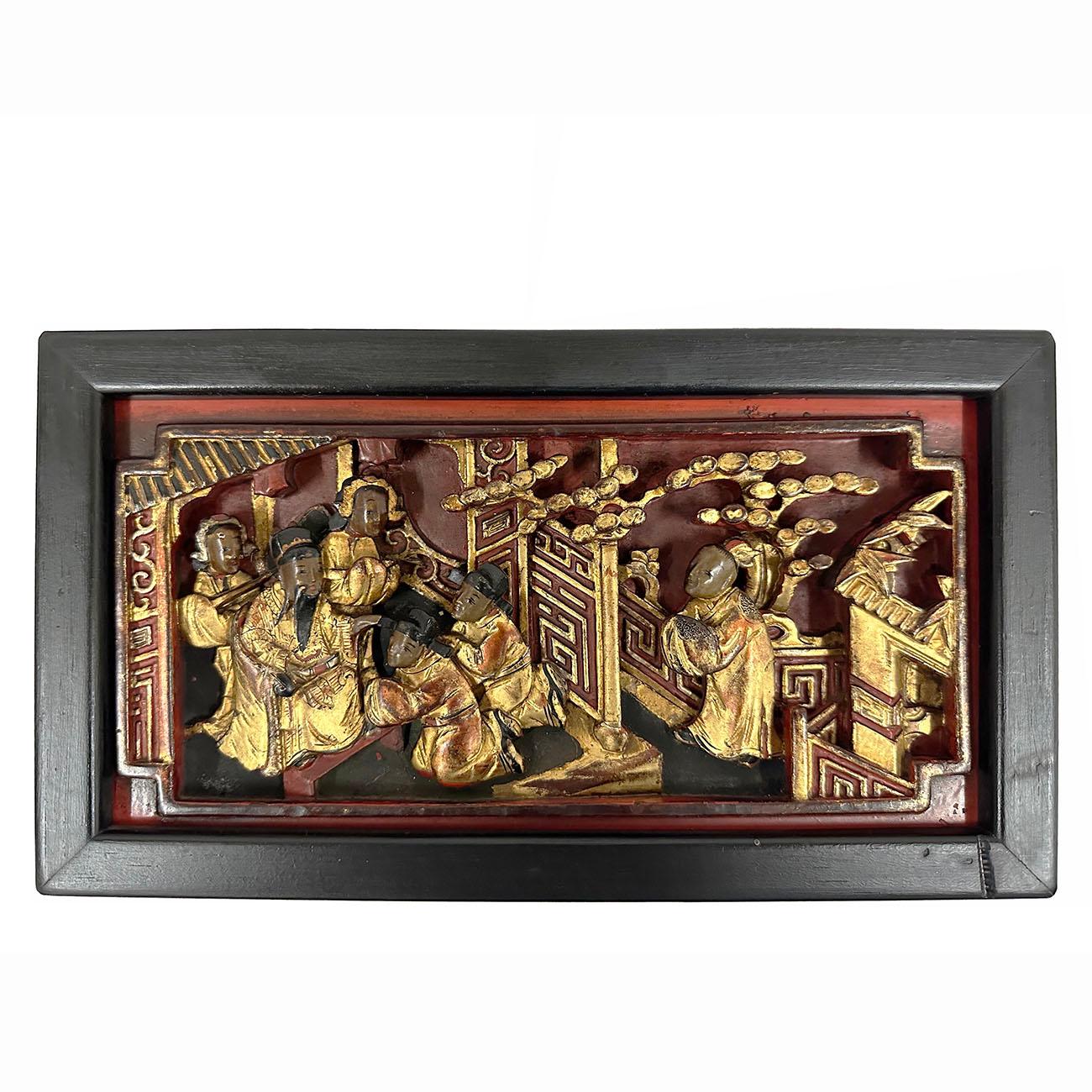 Hand-Carved 19th Century Chinese 3d Carving Wood Panels Hanging Architectural Element, Set  For Sale