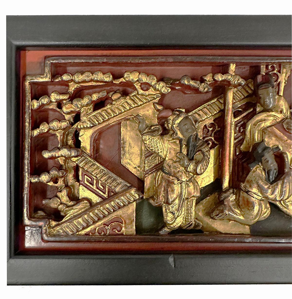 19th Century Chinese 3d Carving Wood Panels Hanging Architectural Element, Set  In Good Condition For Sale In Pomona, CA