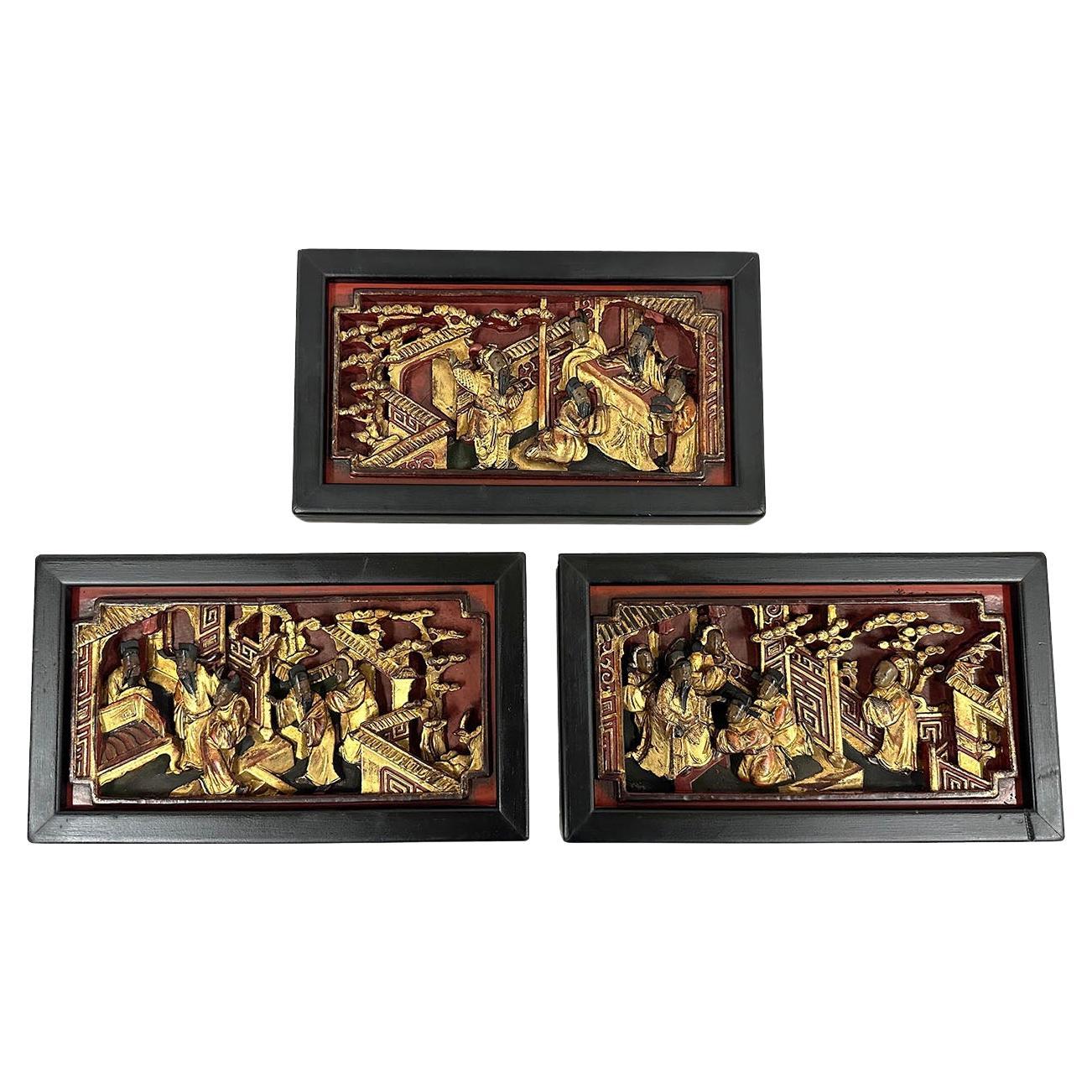 19th Century Chinese 3d Carving Wood Panels Hanging Architectural Element, Set  For Sale