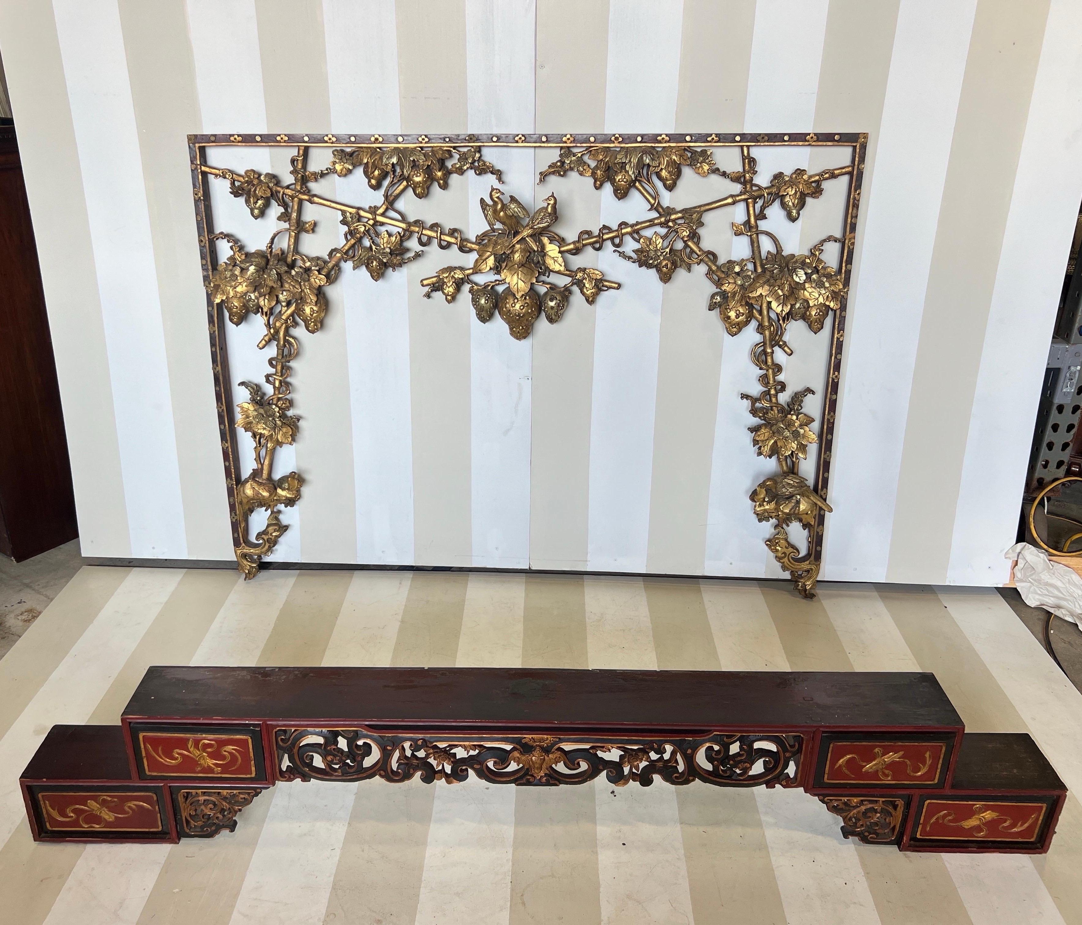 19th century carved giltwood Chinese altar and door surround. Would be very interesting on their own or mounted as a mirror.  Beautifully carved giltwood birds and foliage 