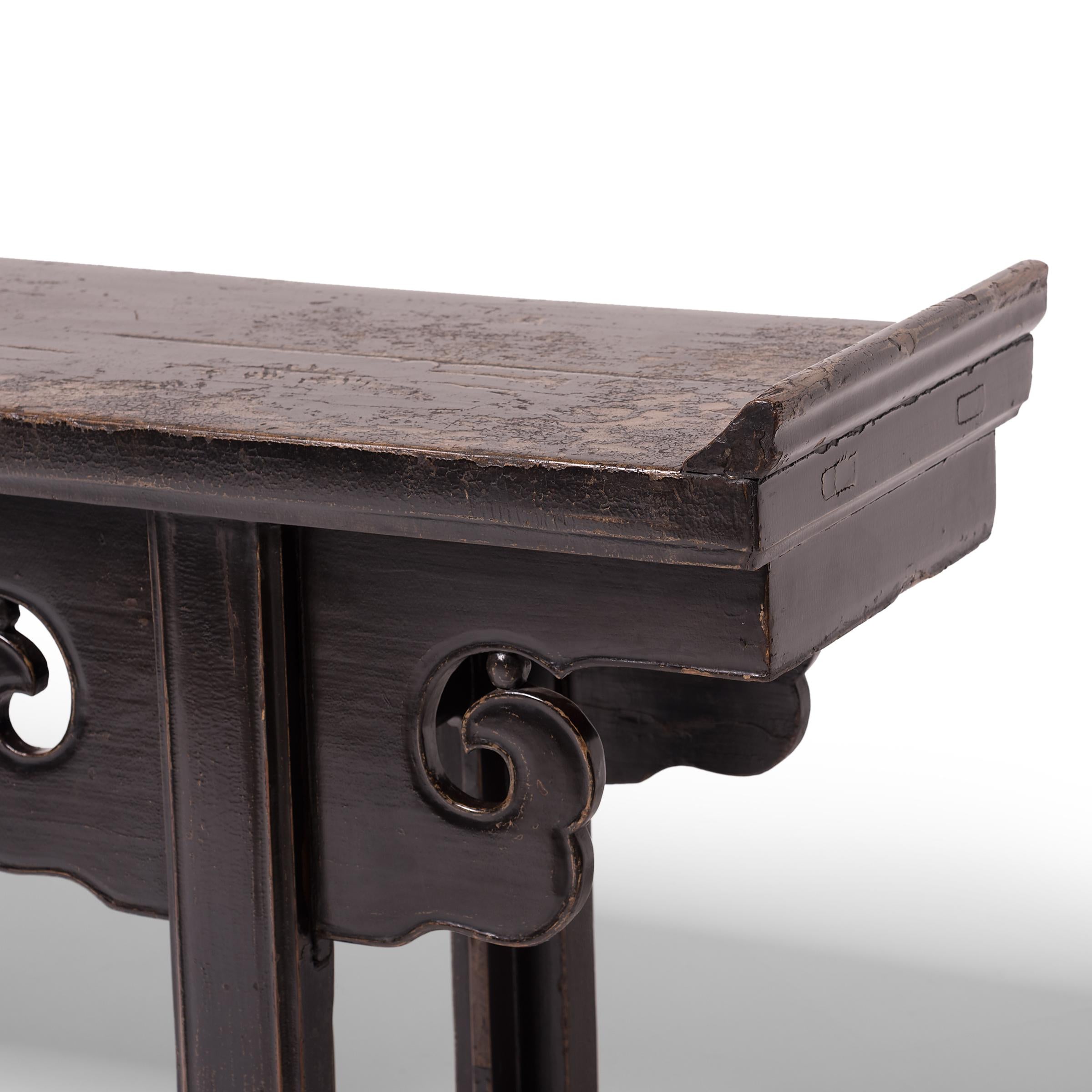 Elm 19th Century Chinese Altar Console Table with Cloud Spandrels