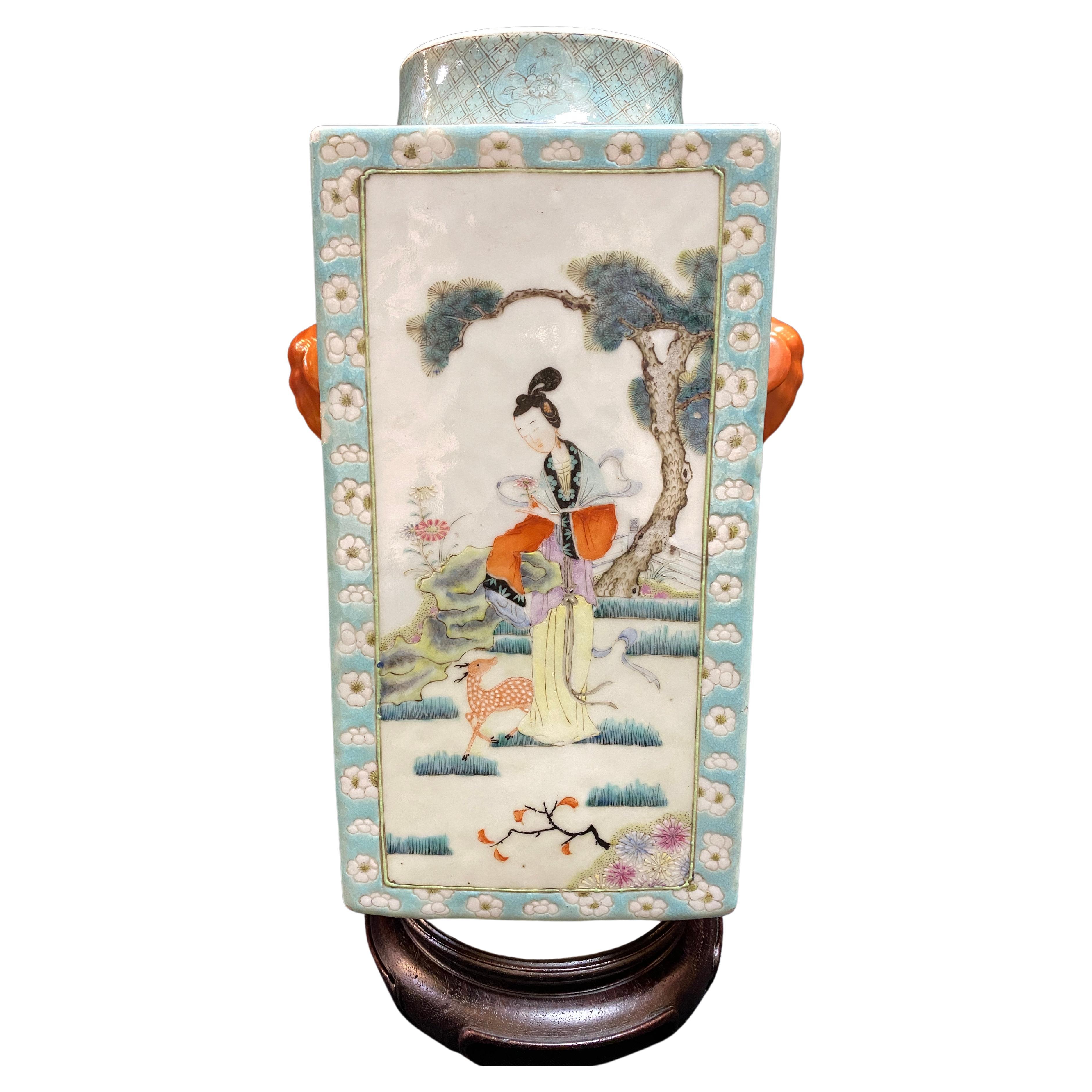 19th Century Chinese Antique Famille Rose Cong Vase For Sale