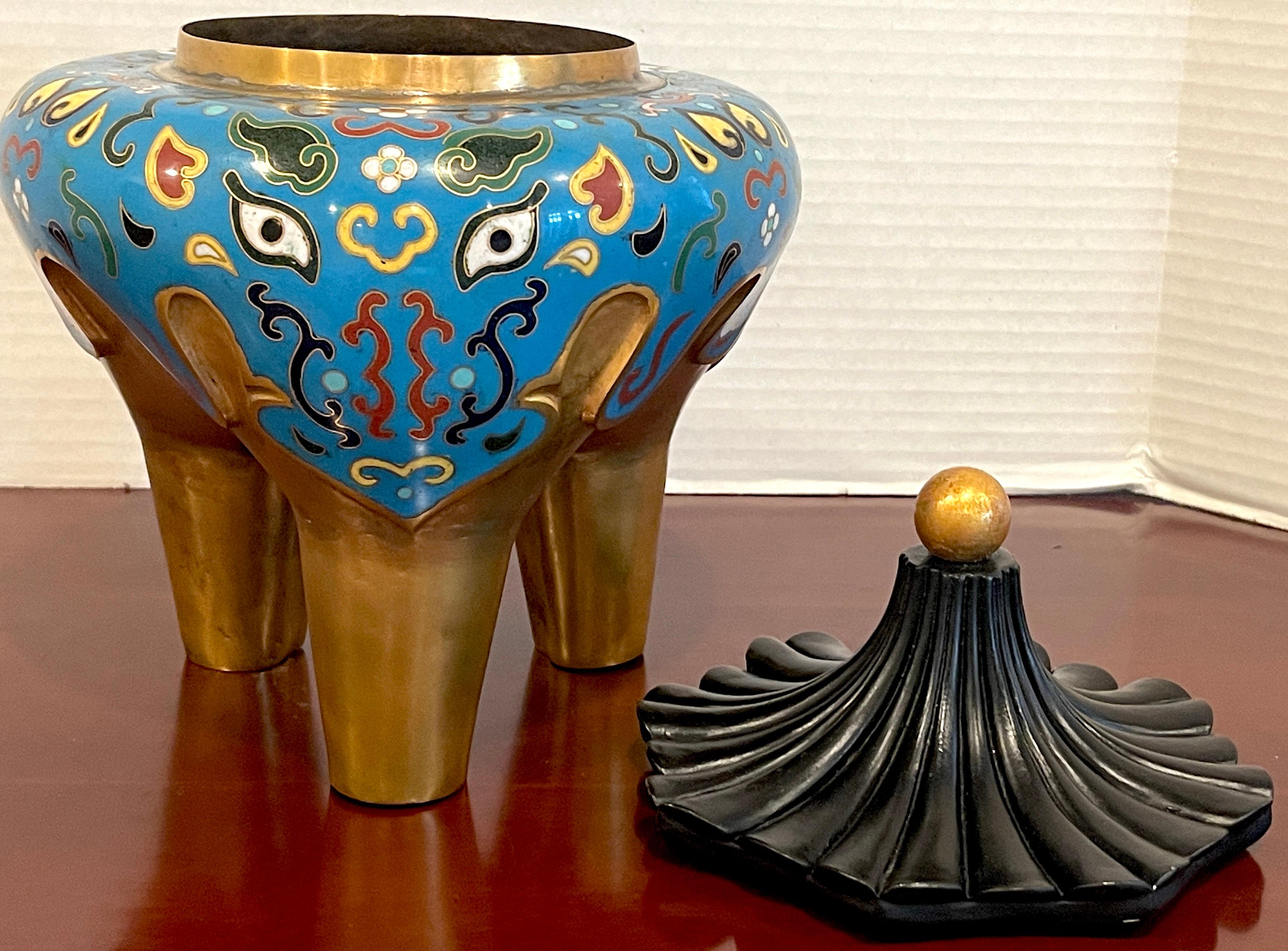 19th Century Chinese Archaic Style Cloisonné & Lacquer Elephant Motif Censor For Sale 4