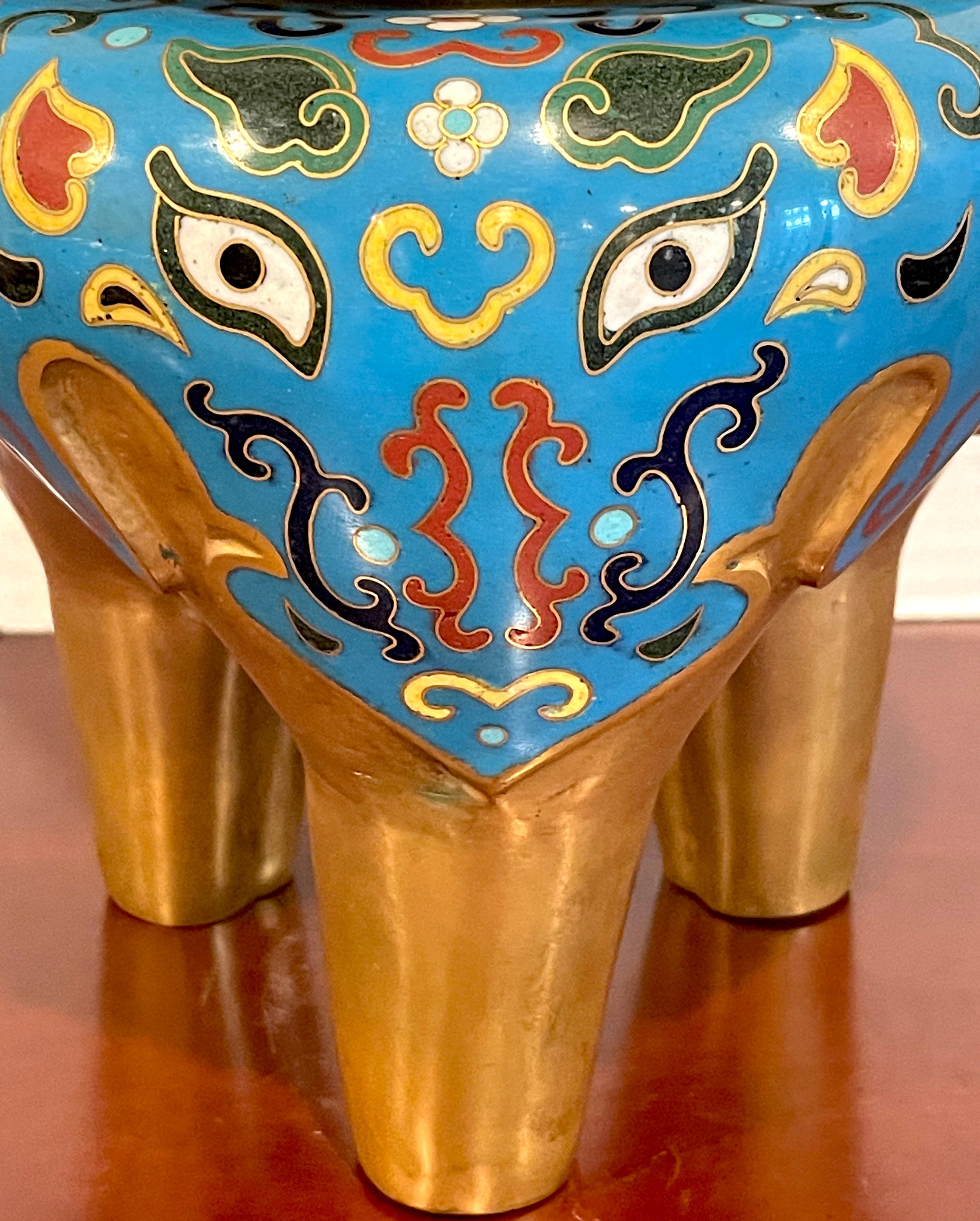Chinese Export 19th Century Chinese Archaic Style Cloisonné & Lacquer Elephant Motif Censor For Sale